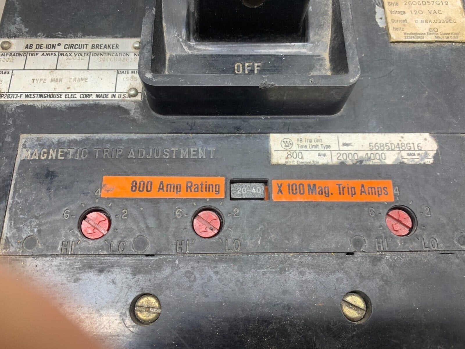 USED WESTINGHOUSE 800AMP MINING CIRCUIT BREAKER 2600D43G12 WITH 2606D57G19