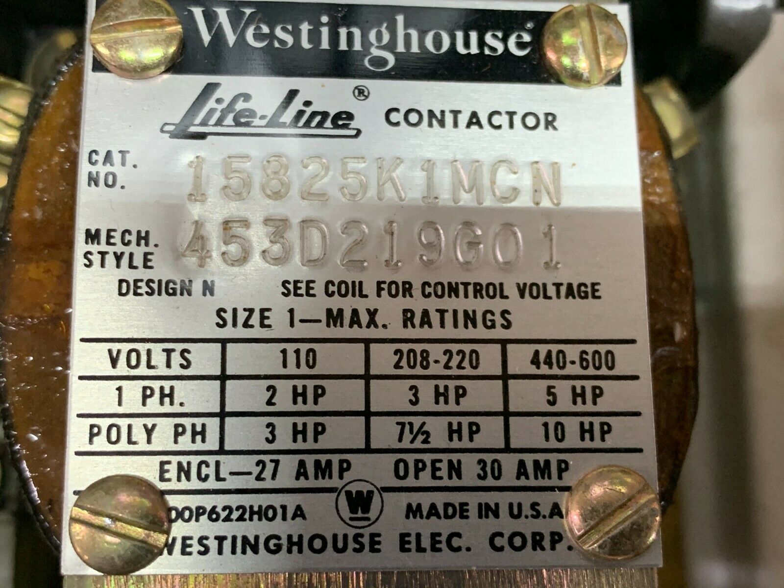 NEW IN BOX WESTINGHOUSE SIZE 1 LIFE-LINE CONTACTOR 15825K1MCN