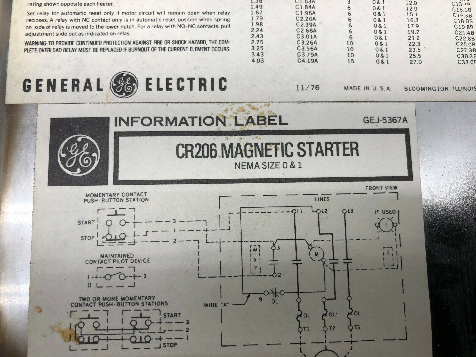 NEW IN BOX GE 480 VAC SIZE 1 MOTOR STARTER IN STAINLESS STEEL ENCLOSURE CR206 /