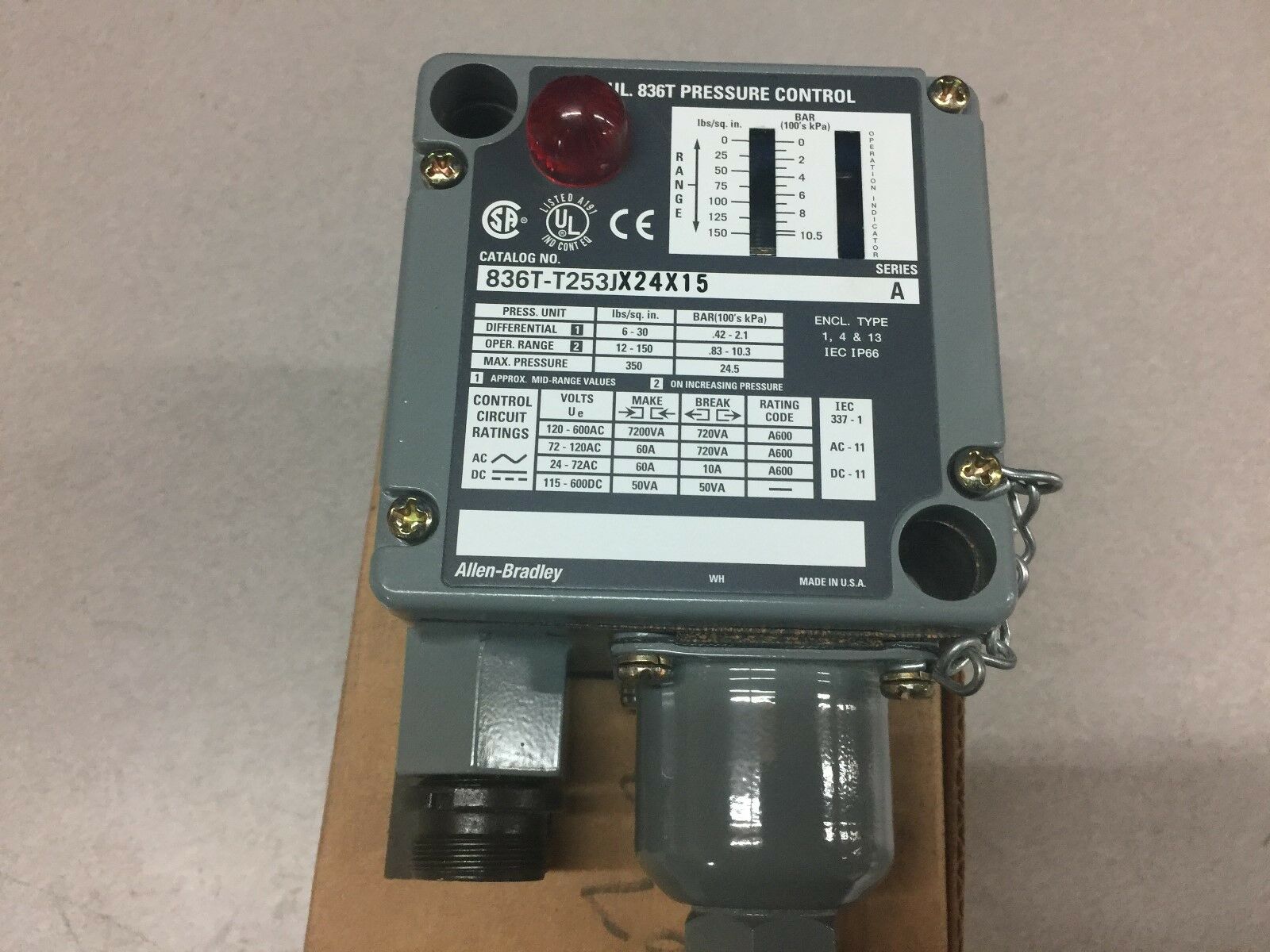NEW IN BOX ALLEN BRADLEY PRESSURE CONTROL SWITCH 836T-T253JX24X15