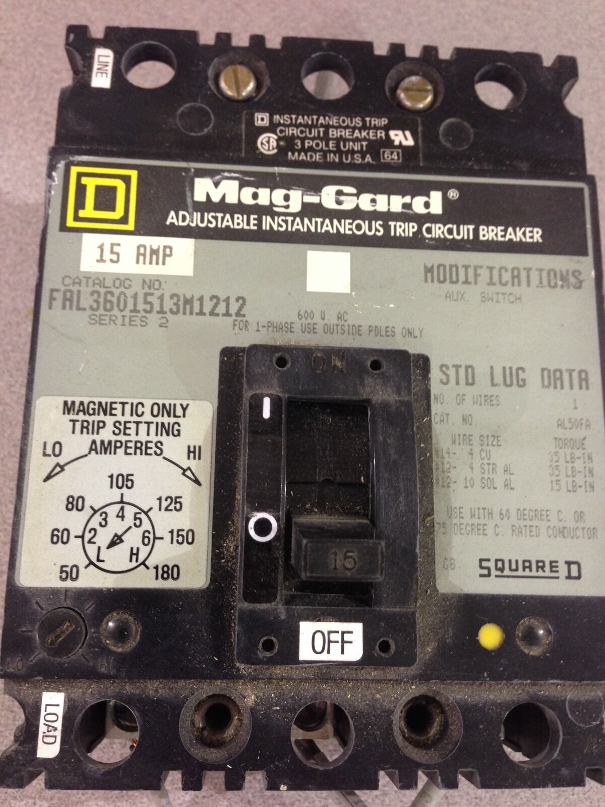 USED SQUARE D 15 AMP CIRCUIT BREAKER FAL3601513M1212 SERIES 2 (D6)