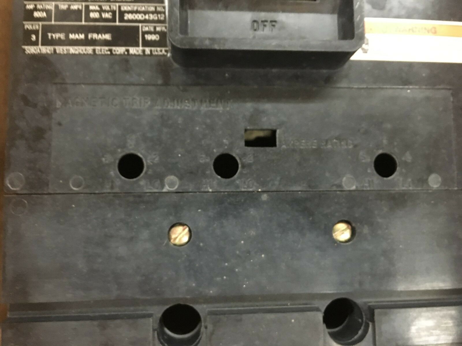 NEW WESTINGHOUSE 3 POLE 800AMP MINING CIRCUIT BREAKER 2600D43G12 *FRAME ONLY*