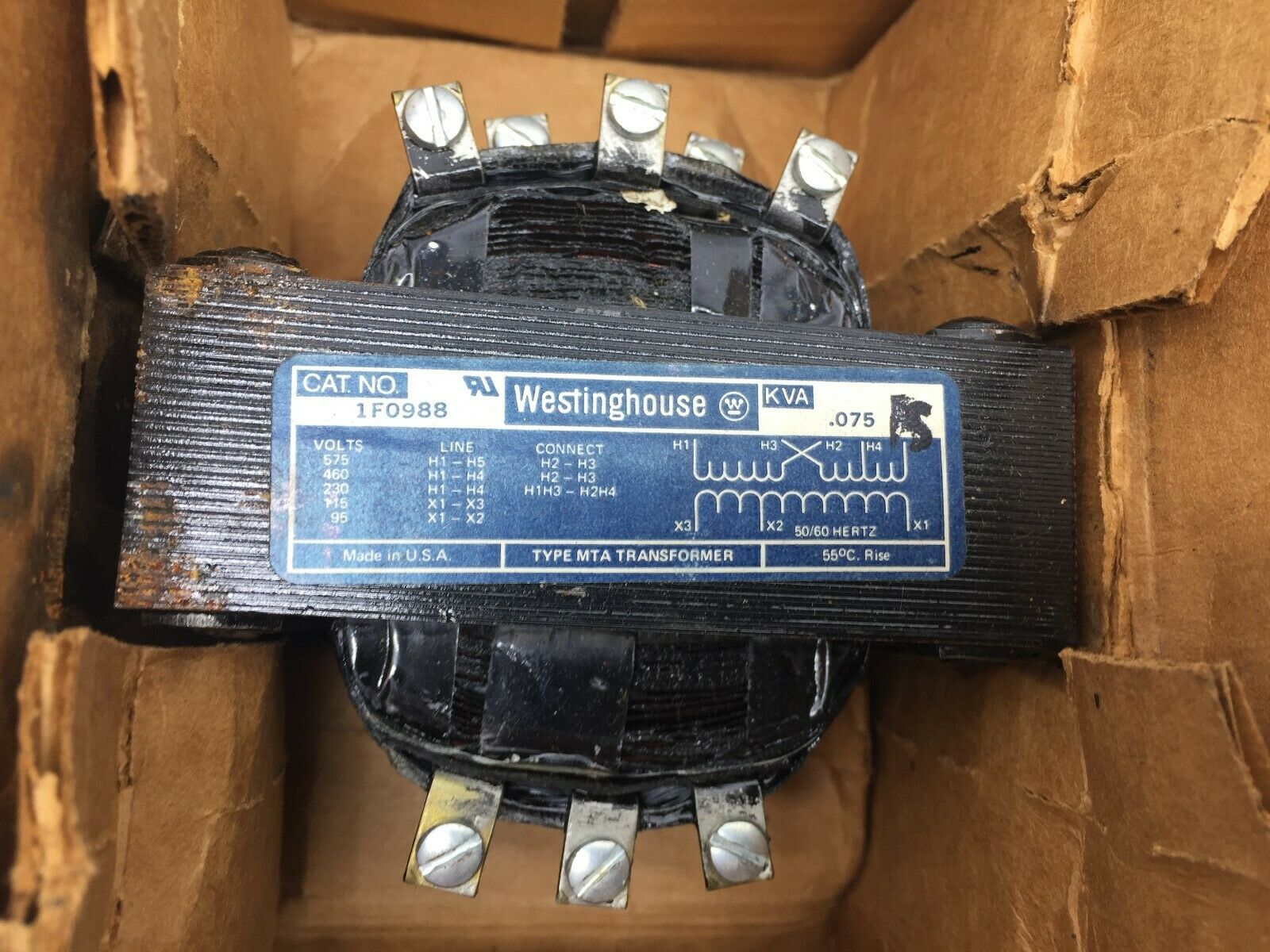 NEW IN BOX WESTINGHOUSE TYPE MTA .075 KVA TRANSFORMER 1F0988