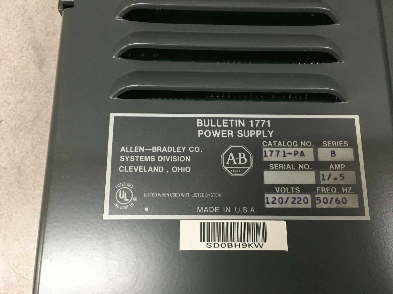 NEW NO BOX ALLEN-BRADLEY PLC-5 POWER SUPPLY 1771-PA SERIES B