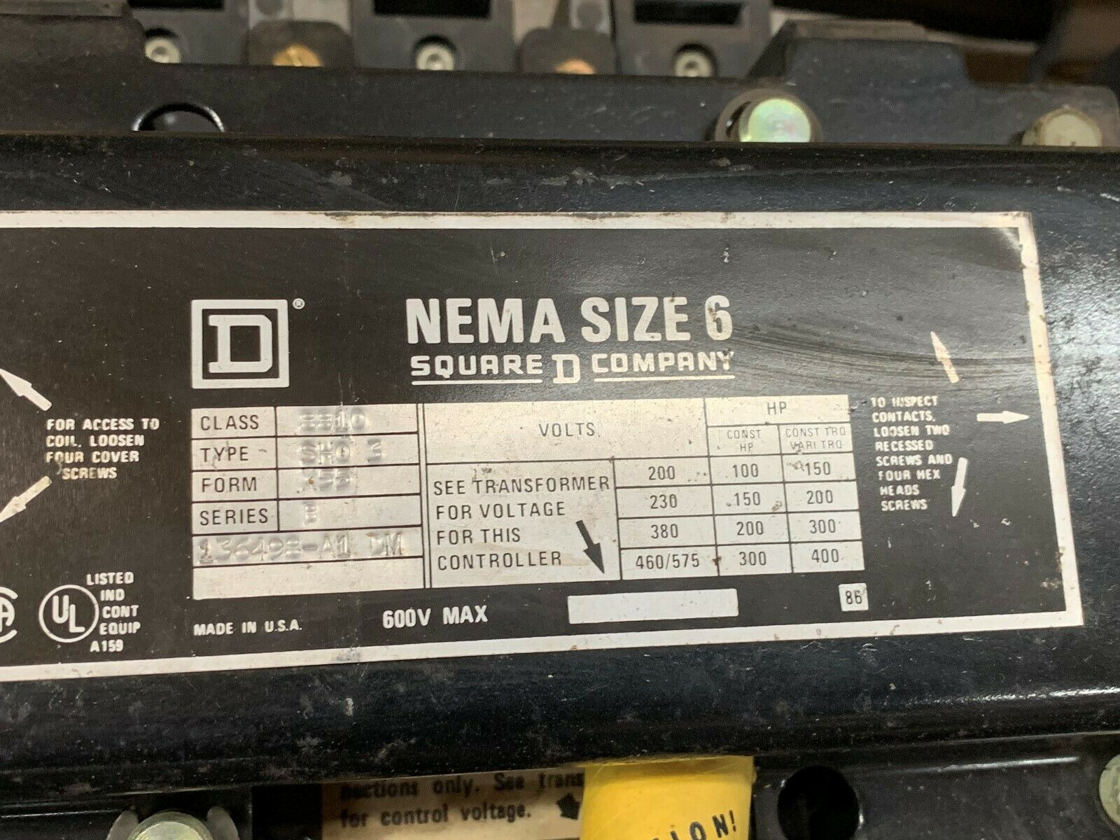 NEW NO BOX SQUARE D SIZE 6 REVERSING STARTER 8810 SHO 3 X55 SERIES B