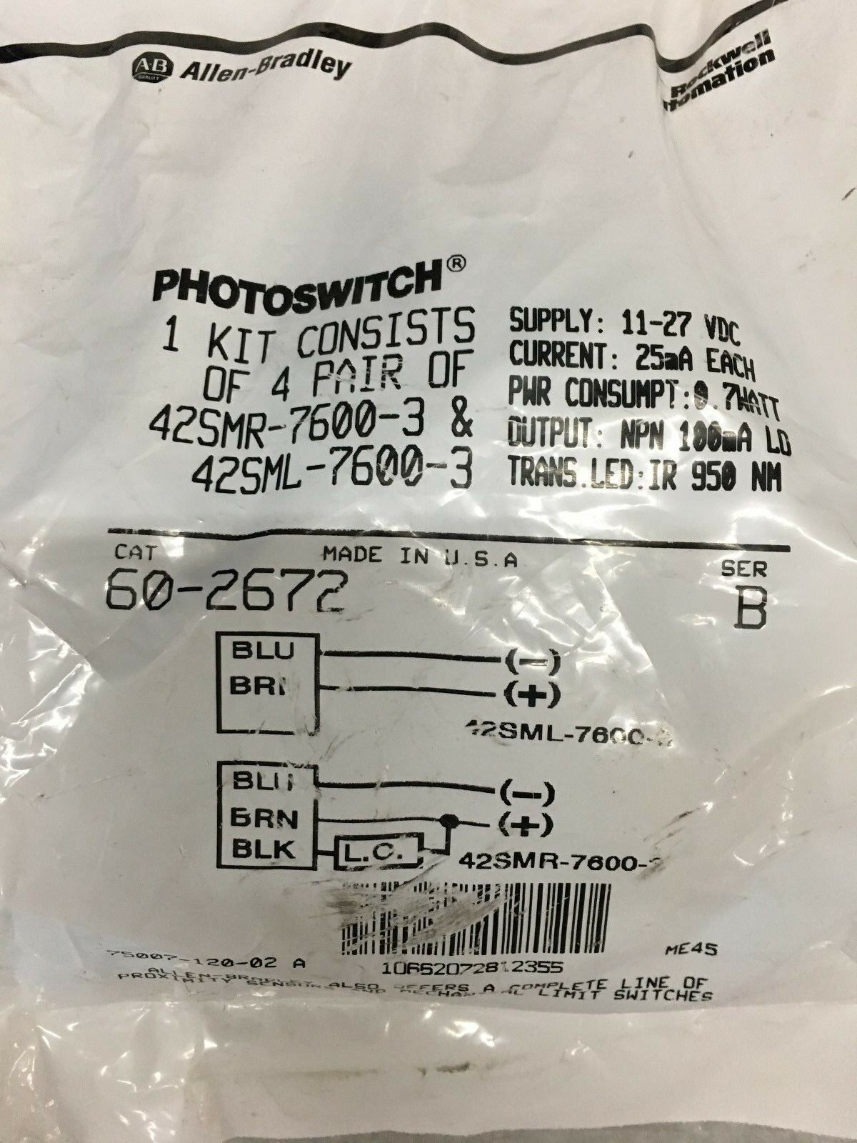 ALLEN-BRADLEY 60-2672 4 EMITTERS 4 TRANSMITTERS 42SMR-7600-3 AND 42SML-7600-3