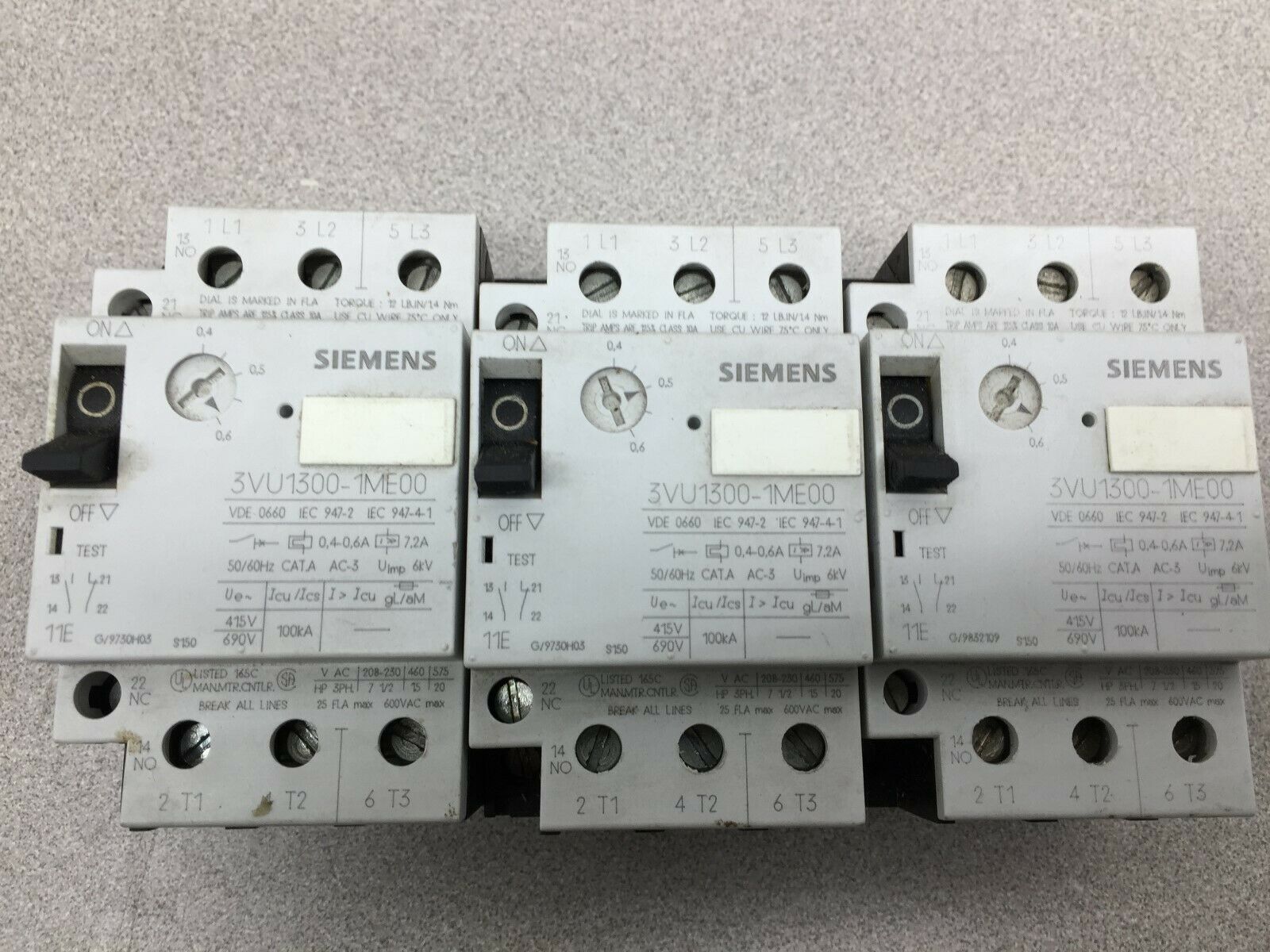 USED LOT OF 3 SIEMENS 3POLE MANUAL MOTOR CONTROLS 3VU1300-1ME00