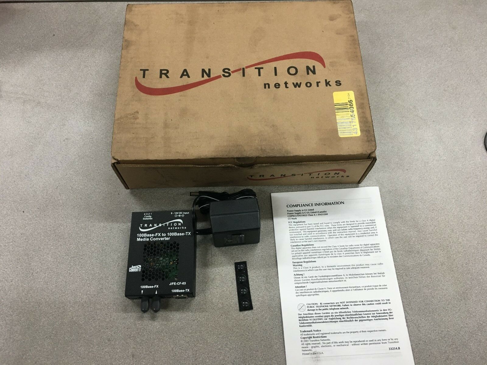 NEW IN BOX TRANSITION NETWORKS MEDIA CONVERTER J/FE-CF-03