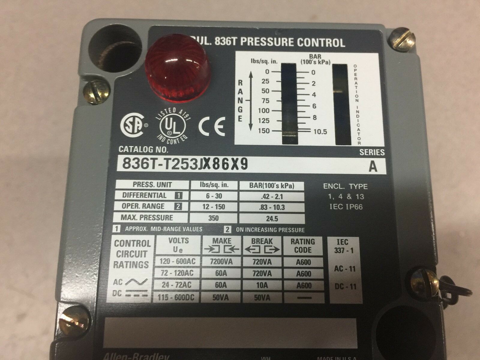 NEW IN BOX ALLEN BRADLEY PRESSURE CONTROL SWITCH 836T-T253JX86X9