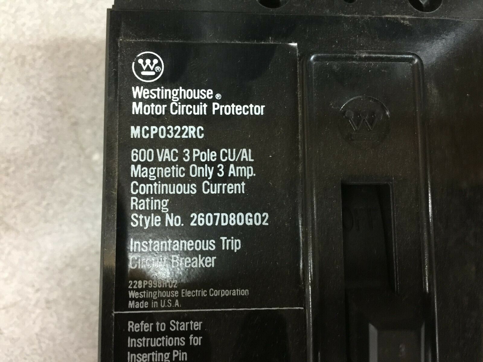 NEW IN BOX WESTINGHOUSE 3AMP 3POLE 600VAC MOTOR CIRCUIT PROTECTOR MCP0322RC