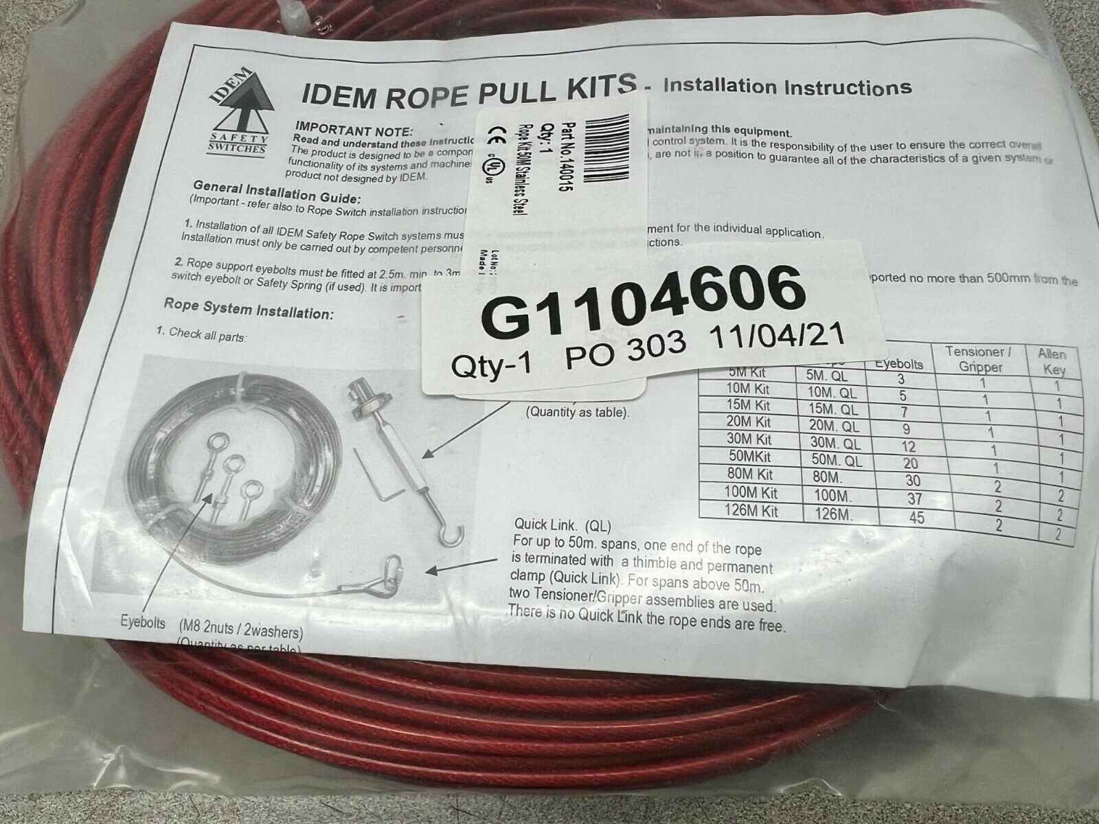 NEW IN BAG IDEM G1104606 PULL CABLE KIT 140015