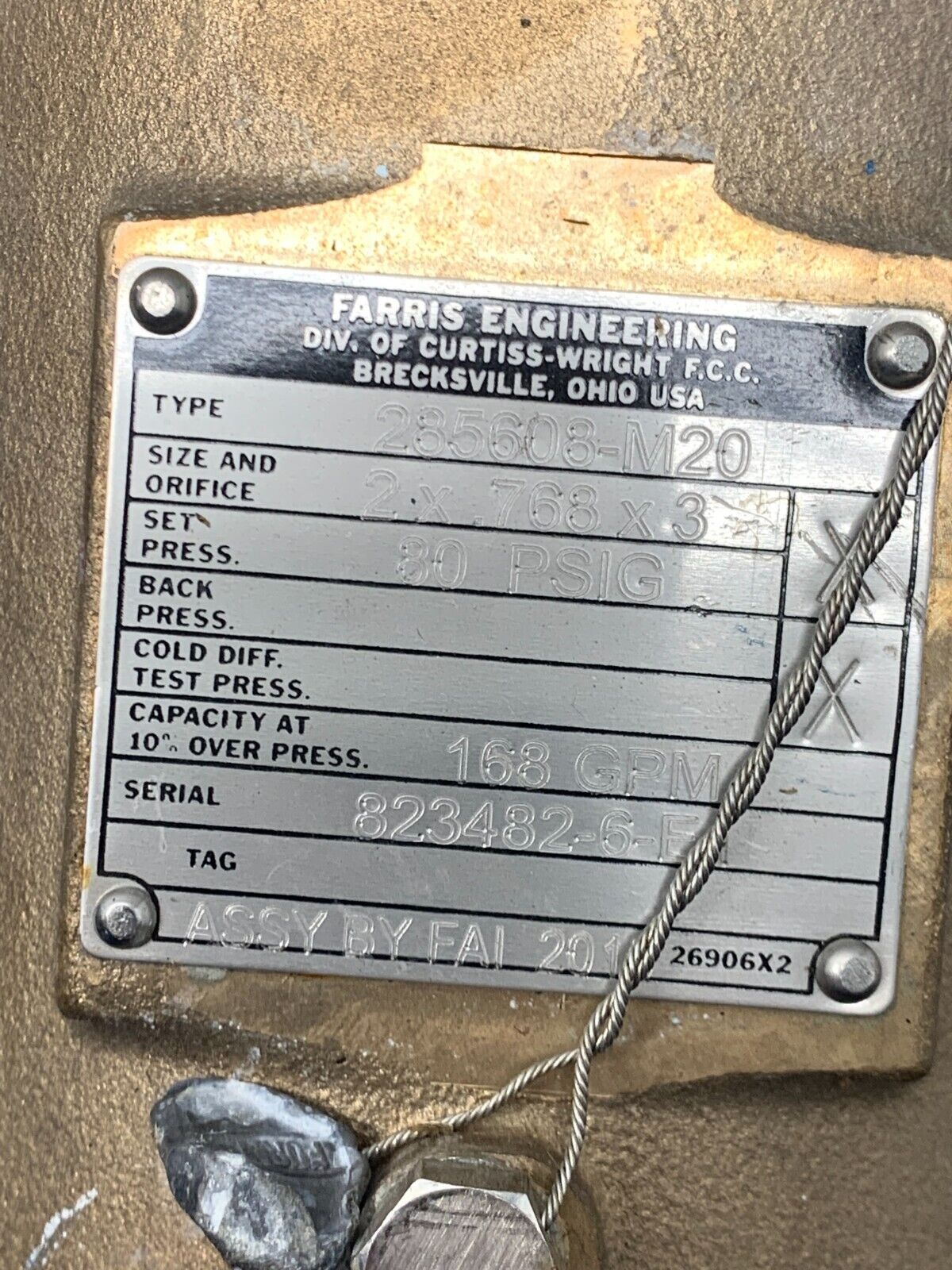 NEW FARRIS 2X.768X3" SAFETY RELIEF VALVE 80 PSIG. SET PRESSURE 285608-M20