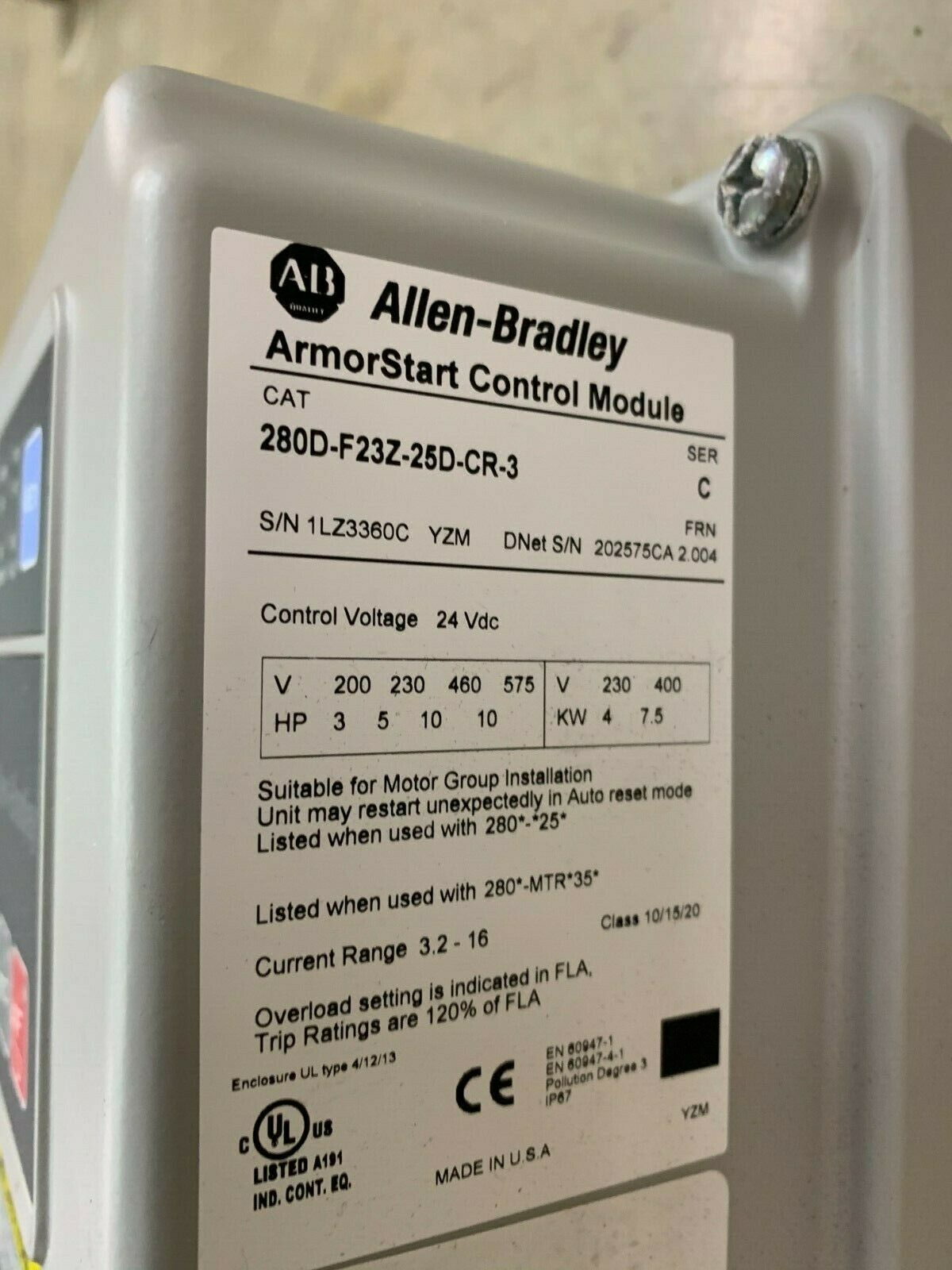 NEW NO BOX ALLEN-BRADLEY ARMORSTART DRIVE AND BASE 280D-F23Z-25D-CR-3
