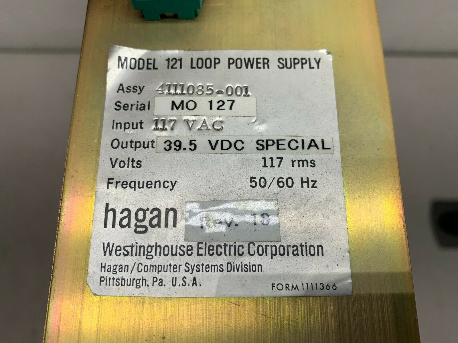 USED WESTINGHOUSE HAGAN 121 LOOP POWER SUPPLY 4111085-001 *HOUSING ONLY*