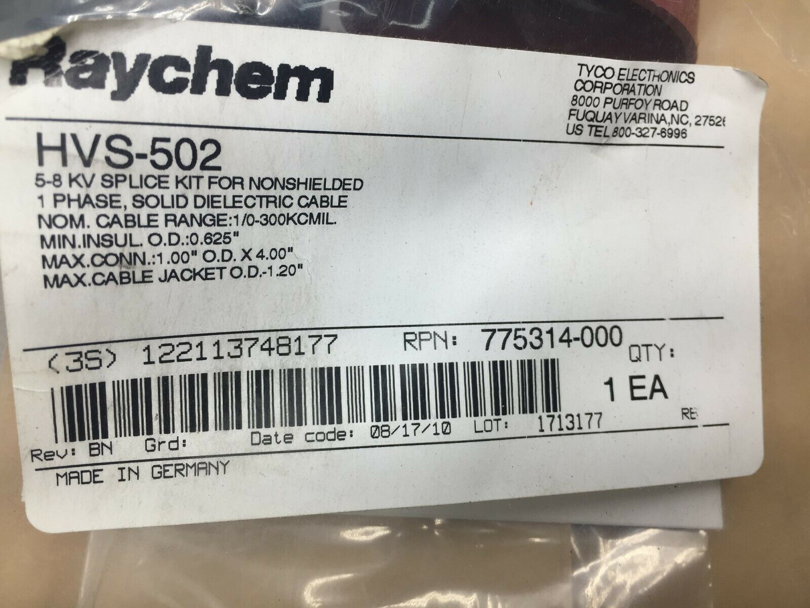 NEW IN PACK RAYCHEM 5-8KV SPLICE KIT FOR NONSHIELDED 1 PHASE HVS-502
