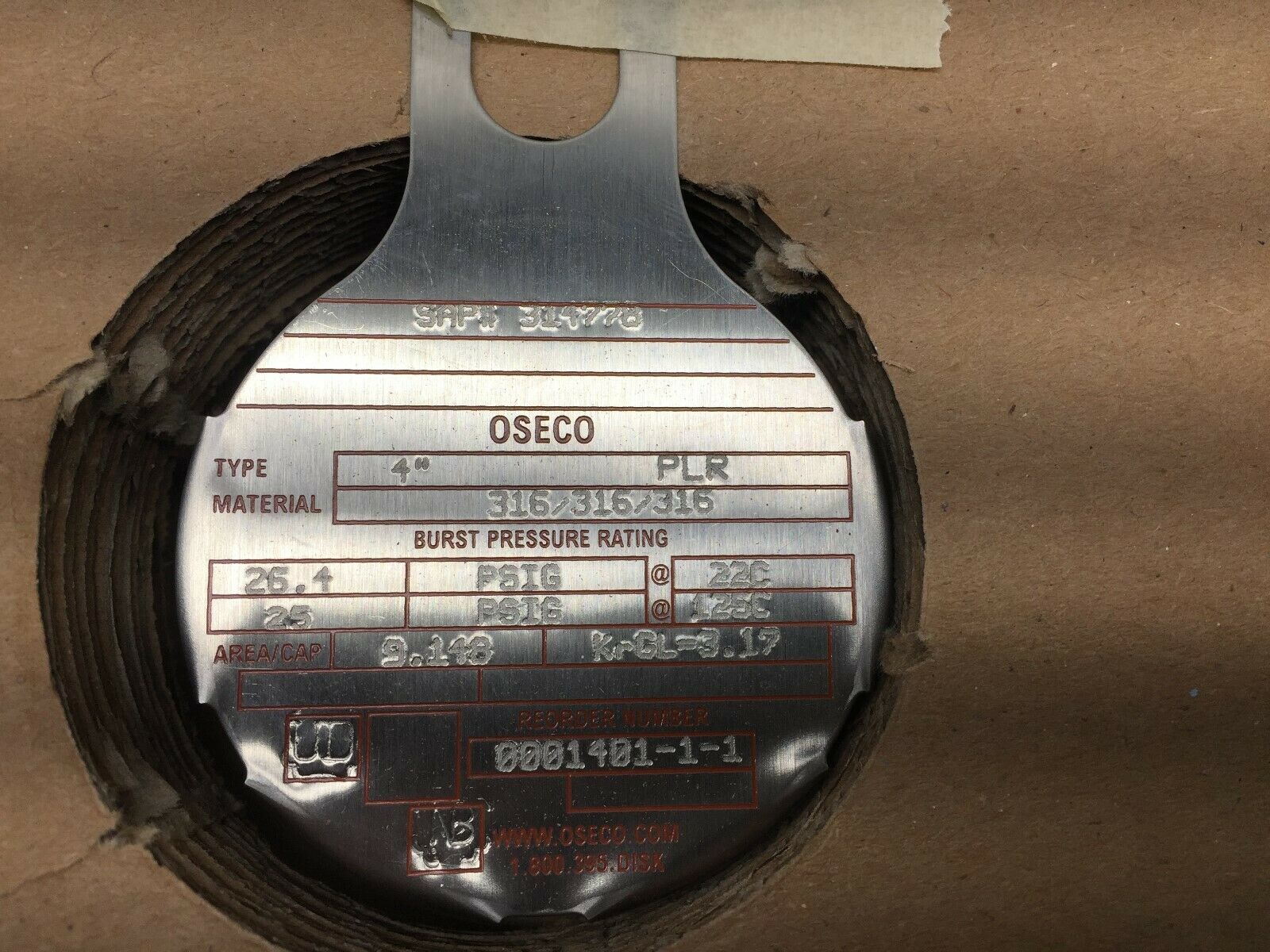 NEW IN BOX OSECO PLR 4" 316SS 26.40PSIG RUPTURE DISK 314778 / 1401-1-1