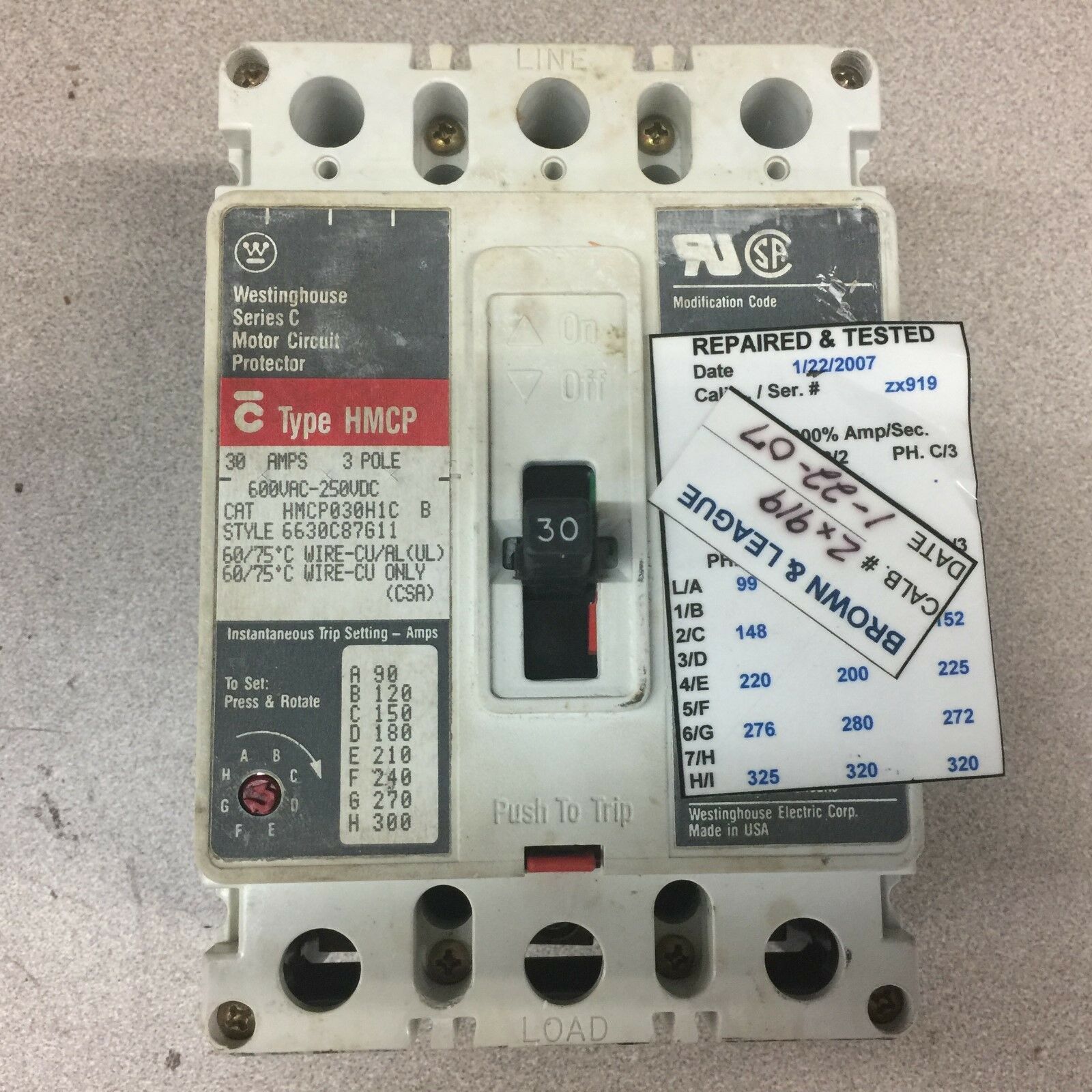 REPAIRED AND TESTED WESTINGHOUSE SERIIES C 30 AMP BREAKER HMCP030H1C