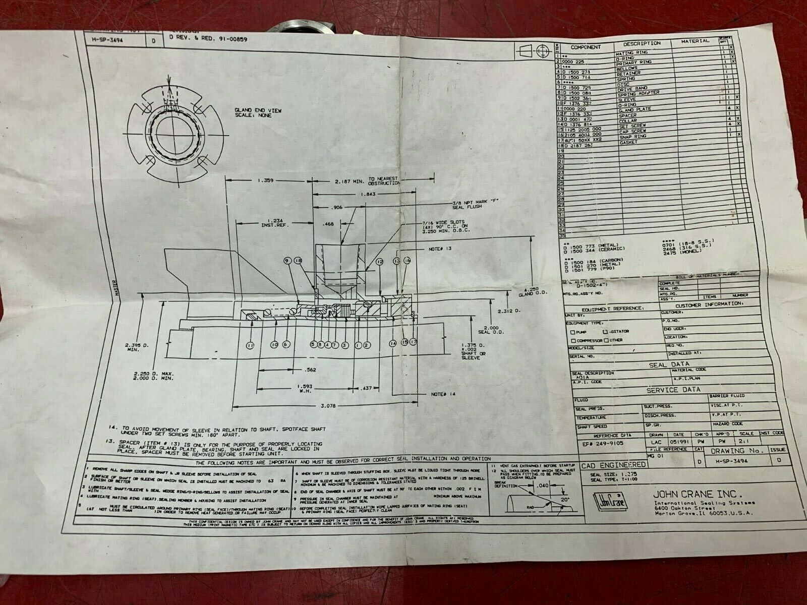 NEW NO BOX JOHN CRANE CARTRIDGE SEAL ASSEMBLY A16201 DRAWING H-SP-3494