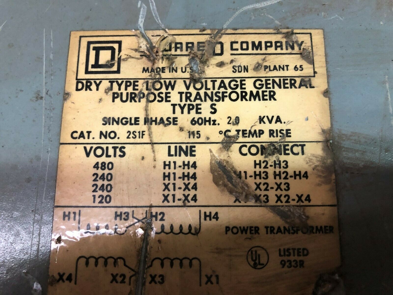 NEW NO BOX SQUARE D 2.0 KVA 480/240 VAC PRI 240/120 VAC SEC TYPE S DRY TYPE TRAN