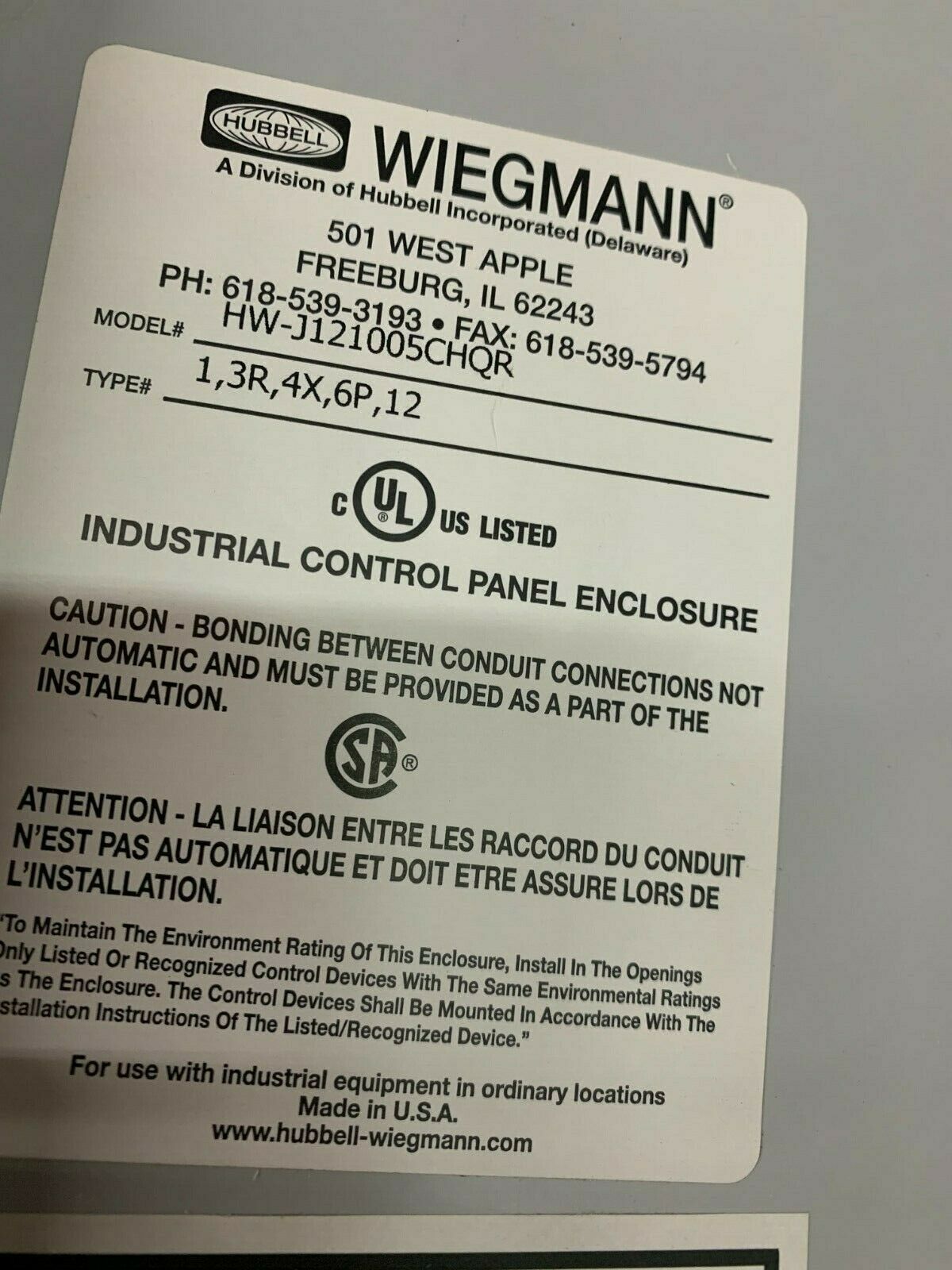 NEW NO BOX HUBBELL ENCLOSURE HW-J121005CHQR