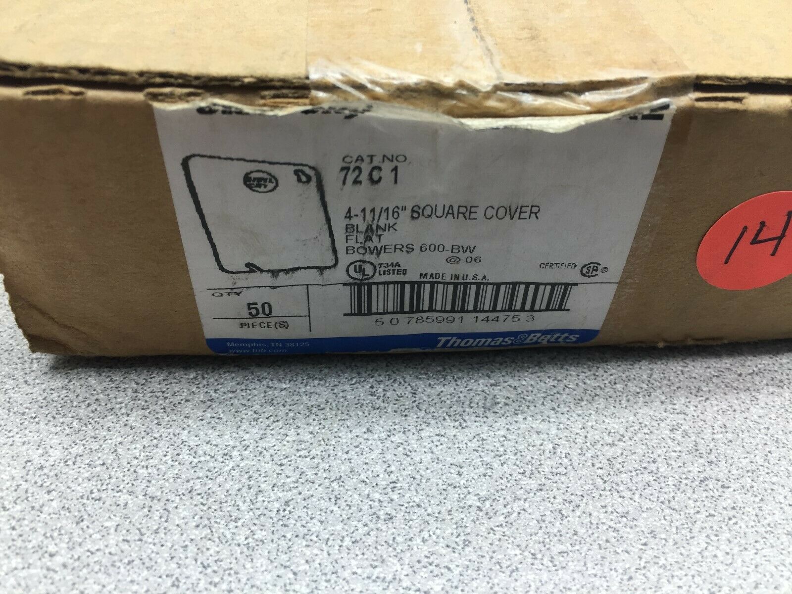 NEW IN BOX OF 50 THOMAS AND BETTS 4-11/16 SQUARE COVER 72C1