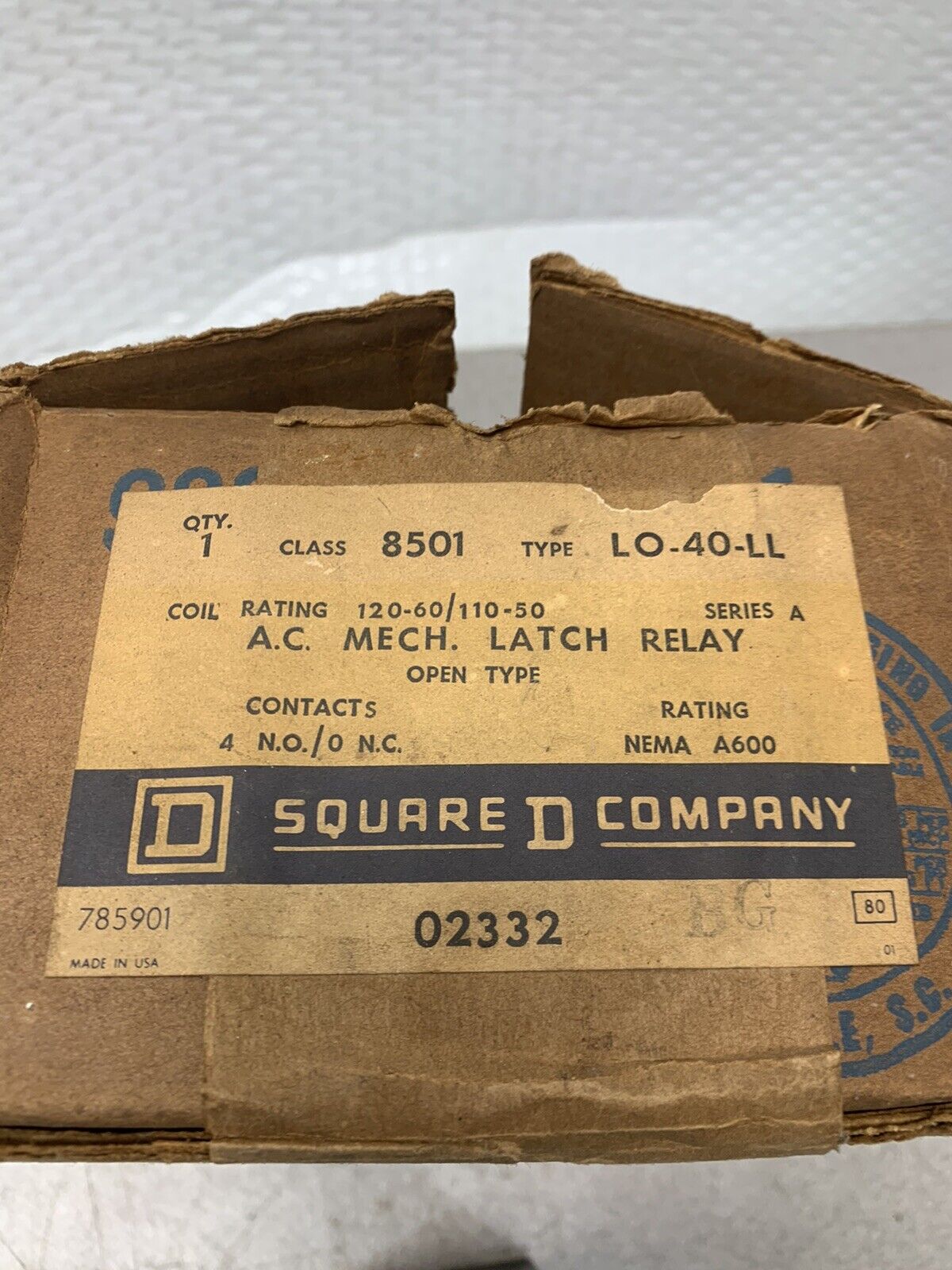 NEW IN BOX SQUARE D 8501 L0-40 A.C. MECH. LATCH RELAY 8501 LO-40-LL