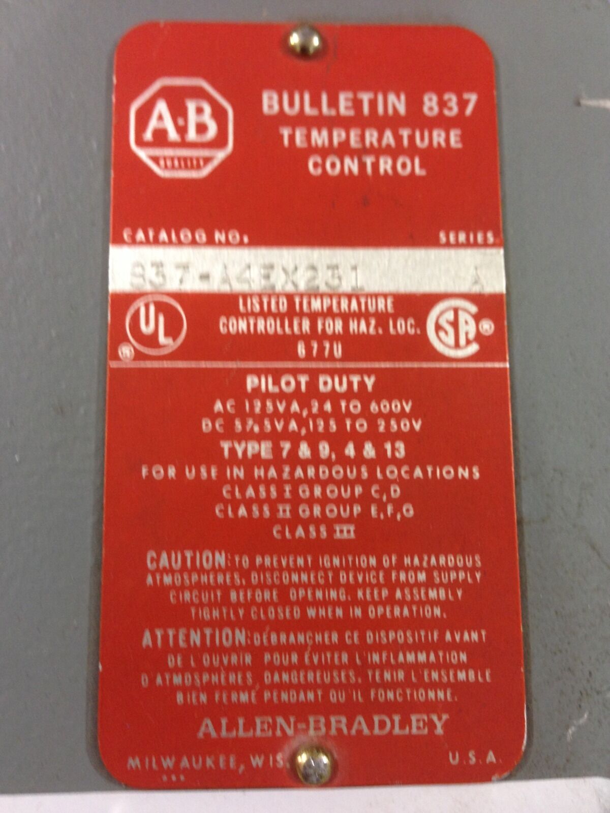 USED ALLEN-BRADLEY TEMPERATURE CONTROL 837-A4EX231 SERIES A (D8)