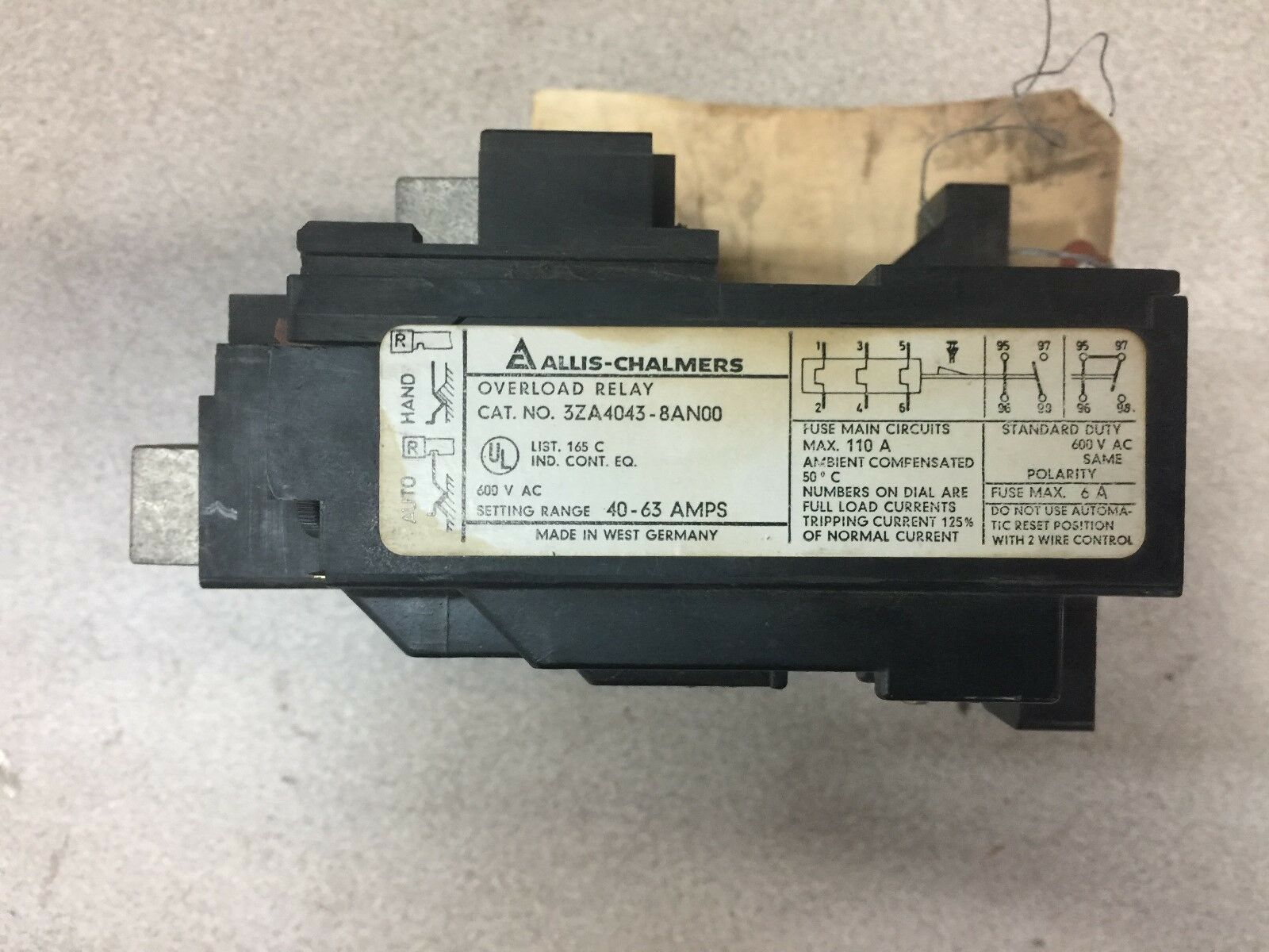 NEW NO BOX ALLIS CHALMERS OVERLOAD RELAY 3ZA4043-8AN00