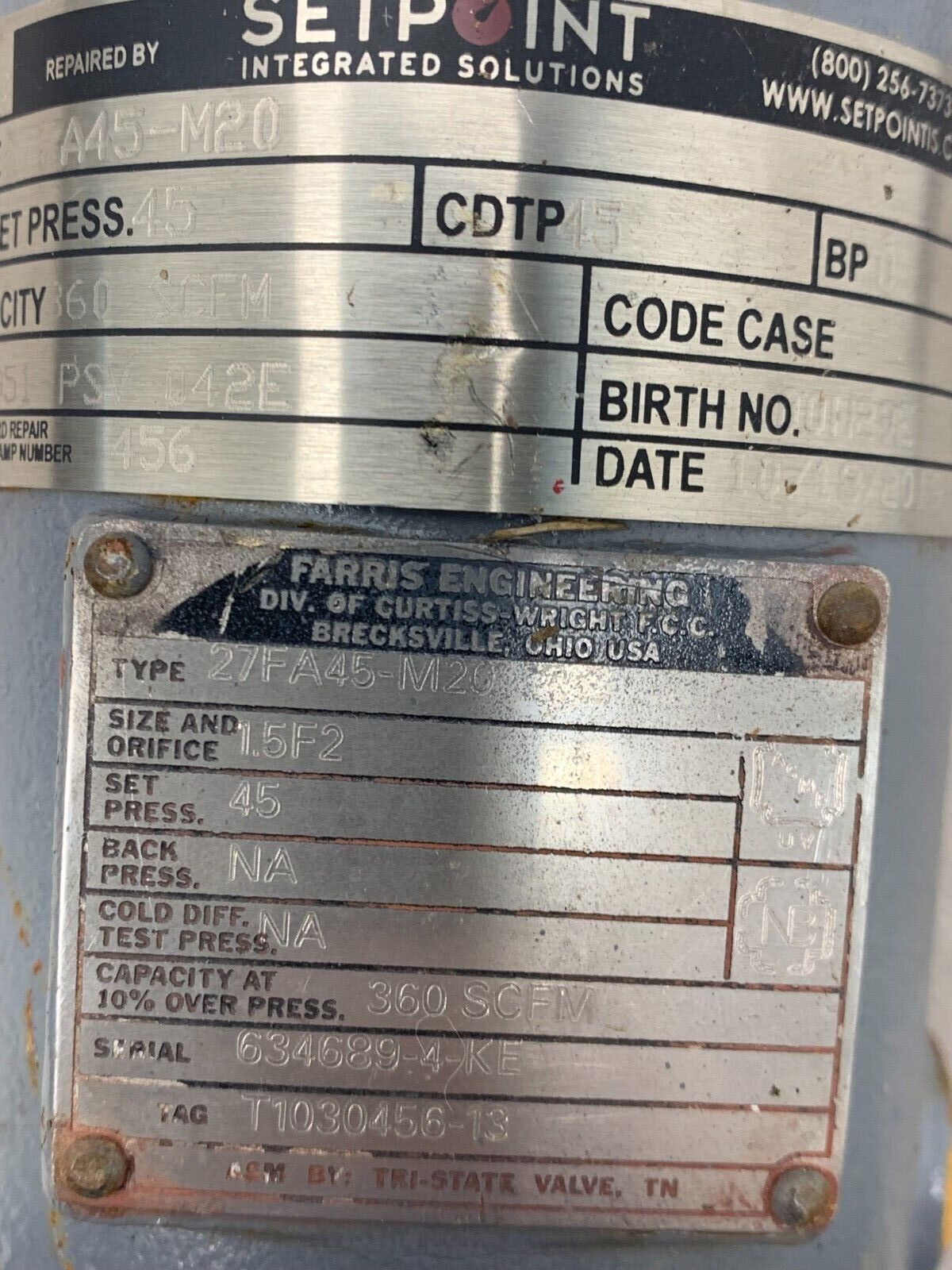 NEW FARRIS SETPOINT SAFETY RELIEF VALVE 27FA45-M20 SET PRESSURE 45 SIZE 1.5F2