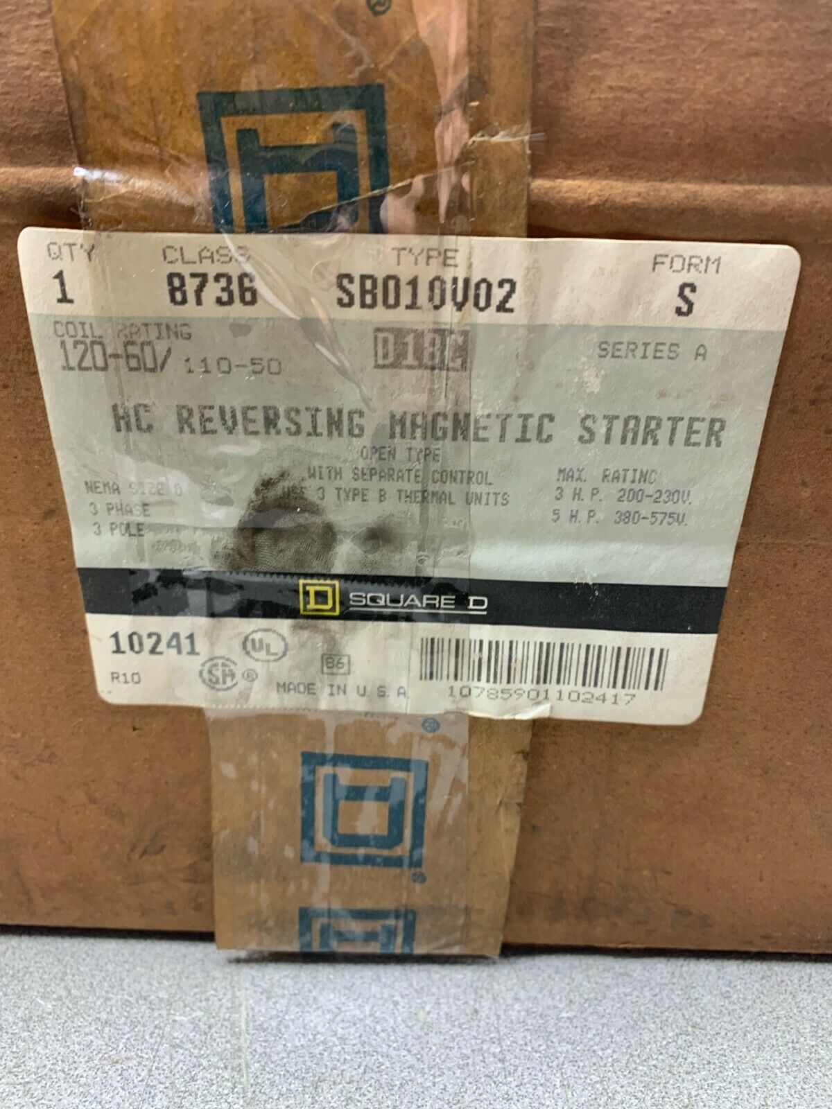 NEW IN BOX SQUARE D SIZE 0 REVERSING STARTER 110/120V. COIL 8736 SB010V02 FORM S