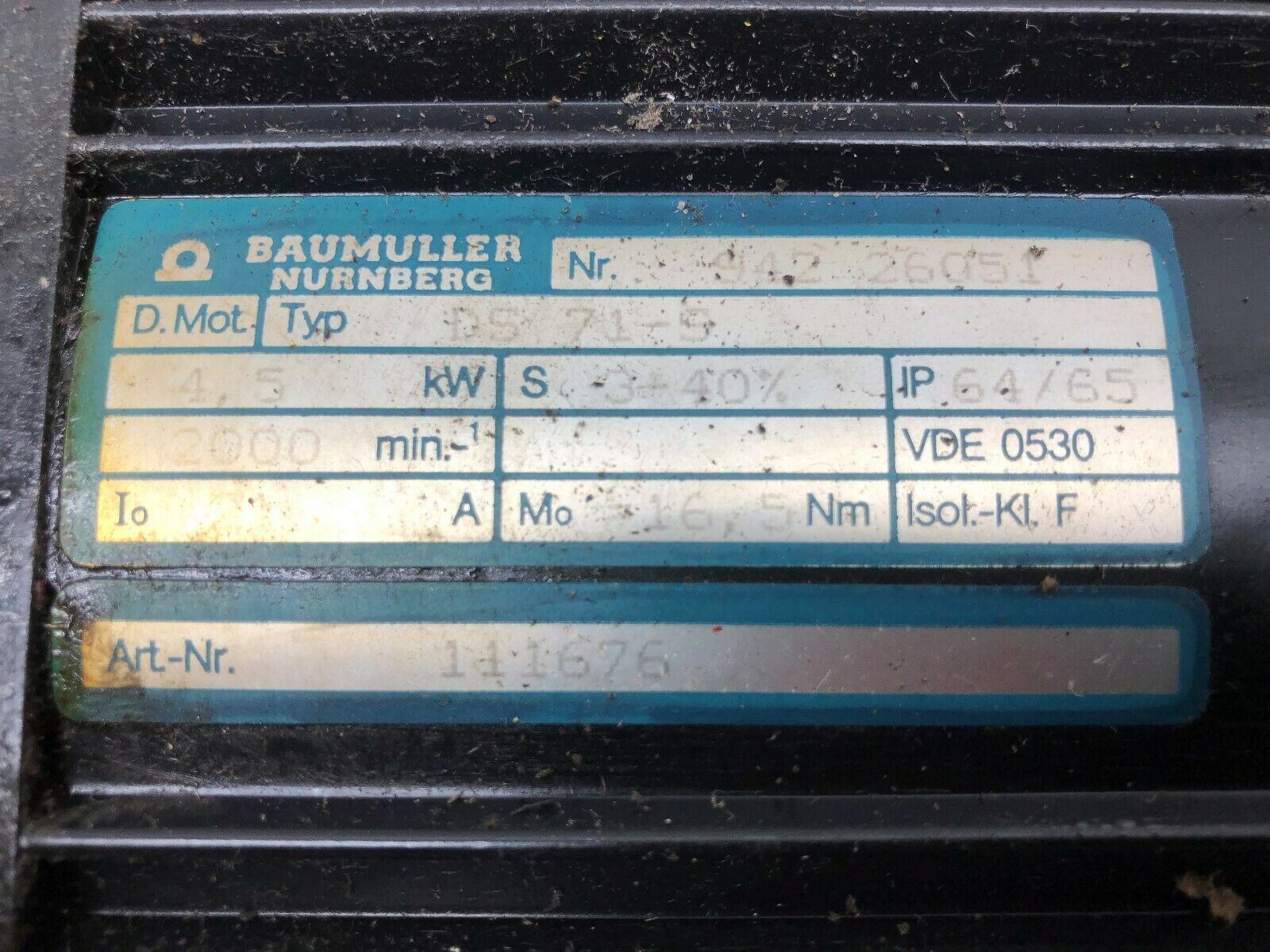 USED BAUMULLER NURNBERG 4.5 KW 2000 RPM SERVO MOTOR DS 71-S / 942 26051