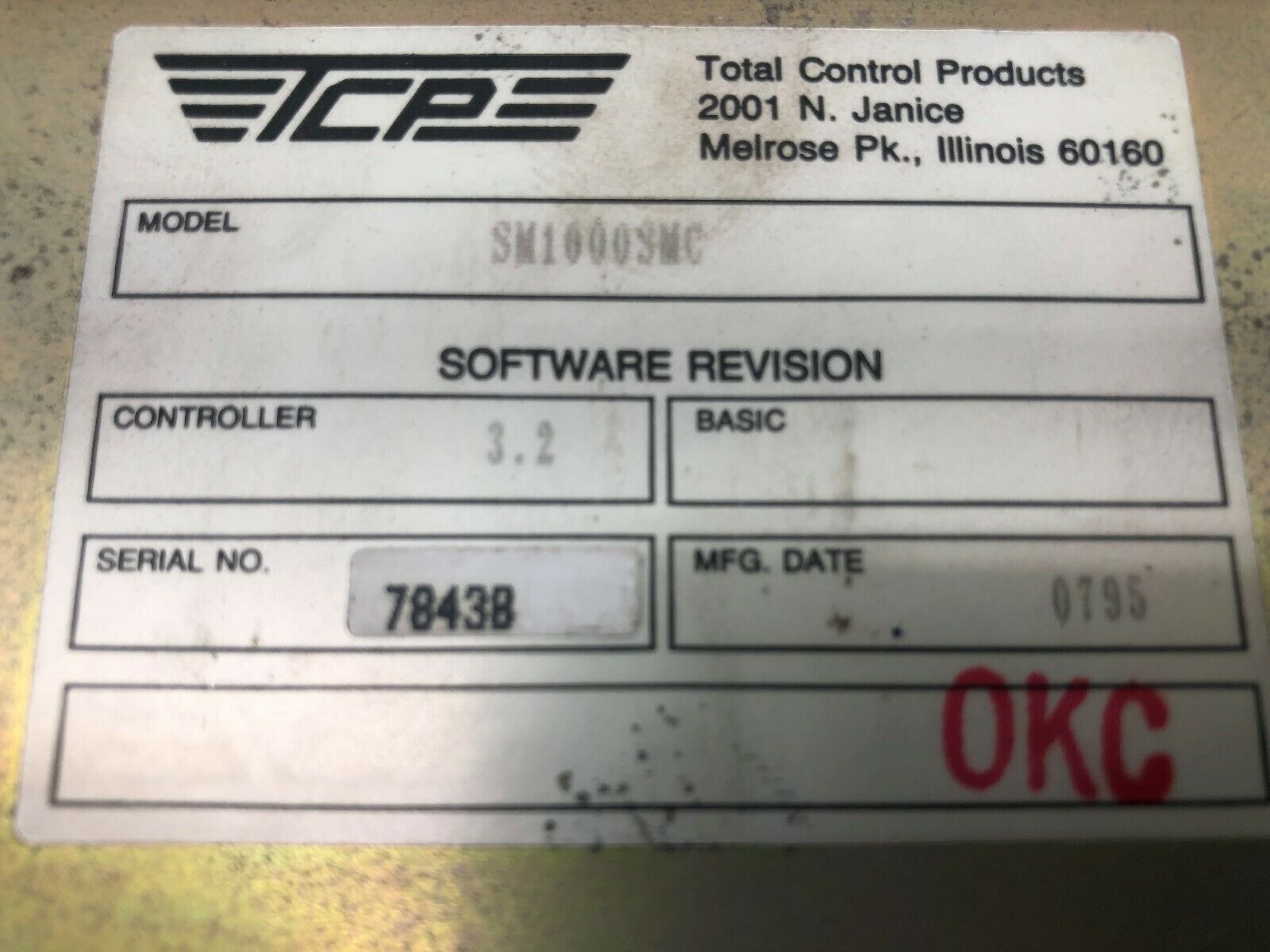 USED TCP TOTAL CONTROL SOFTWARE REVISION 3.2 CONTROLER SM1000SMC