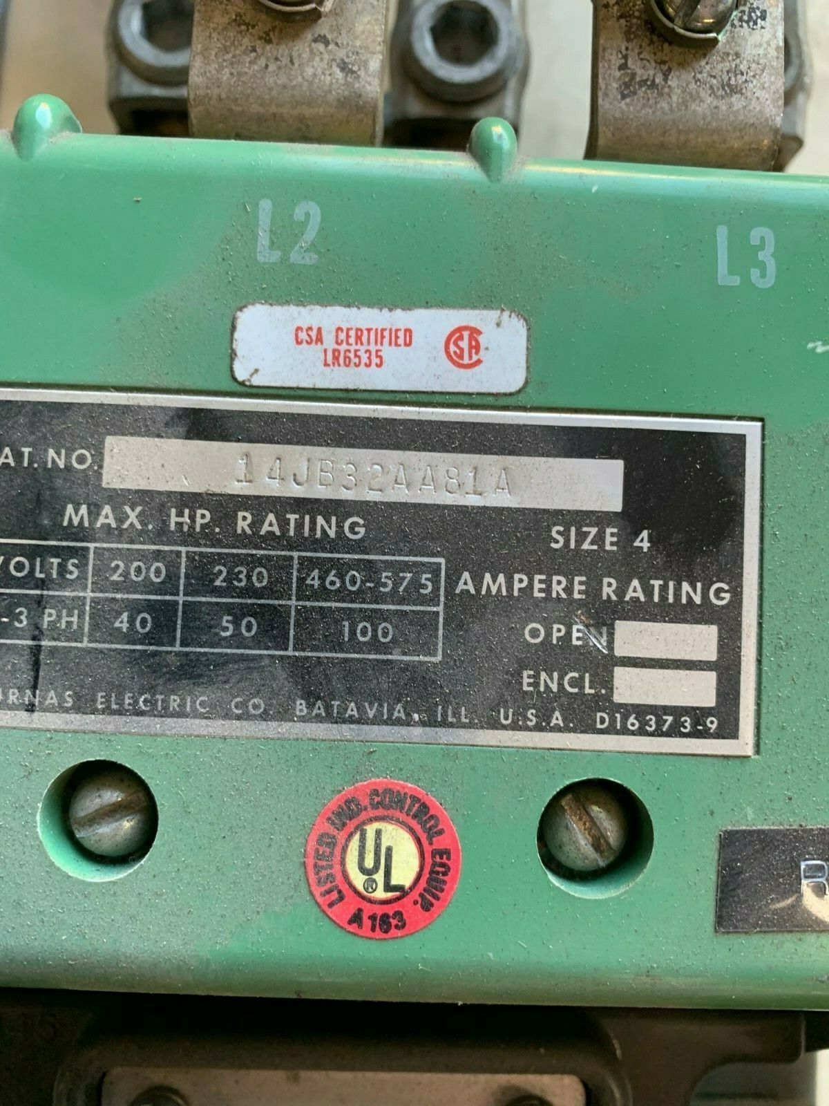 USED FURNAS SIZE 4 REVERSING STARTER 40JB32AAA WITH 14JB32AA81A AND D71628-31