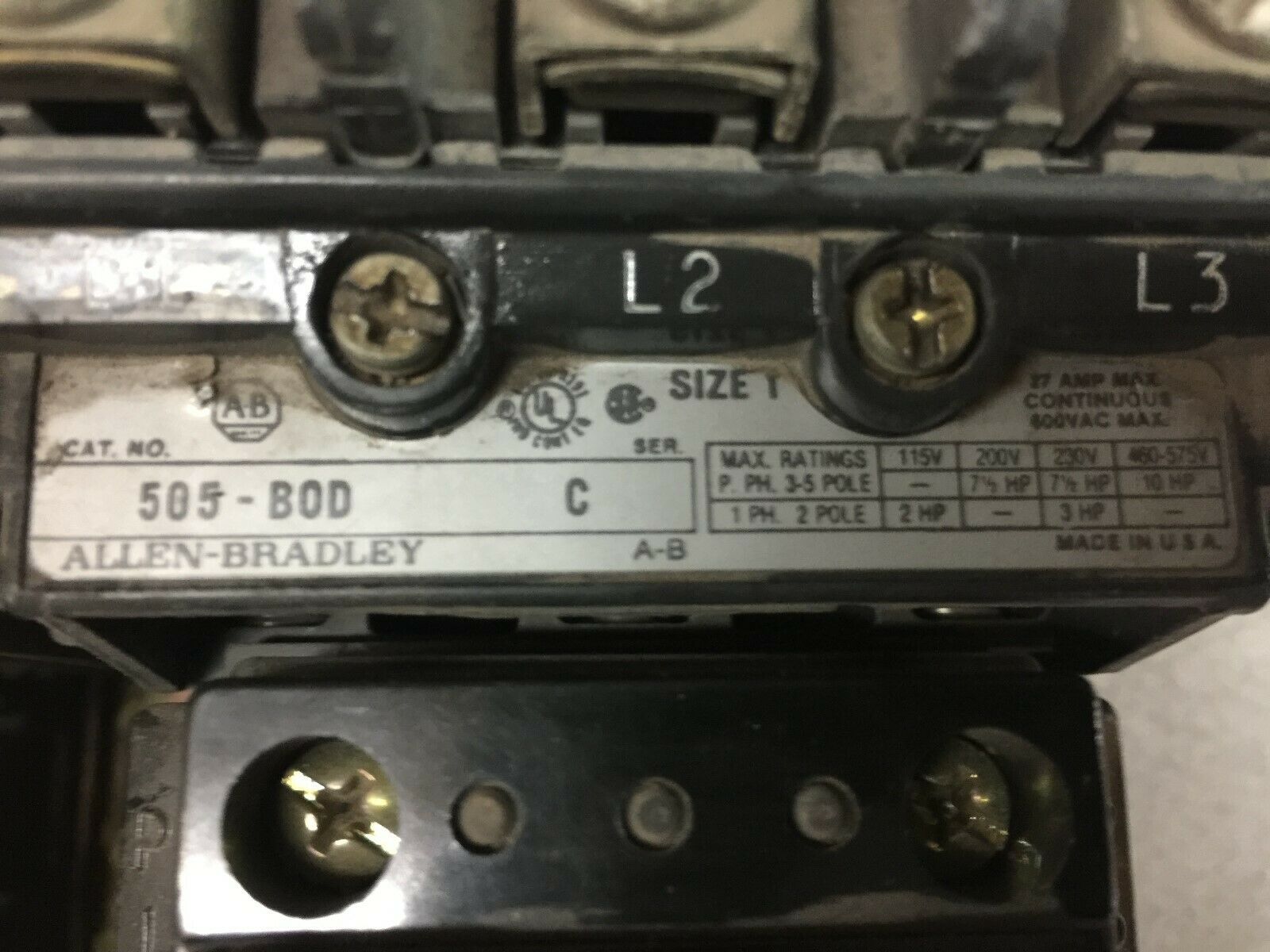 USED ALLEN BRADLEY SIZE 1 120 VAC COIL 3 POLE 27 AMP REVERSING STARTER 505-B0D