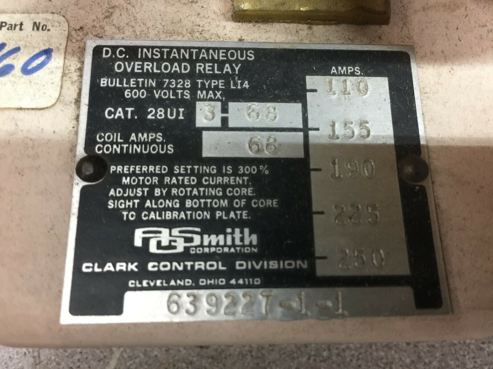 NEW CLARK DC 68 CONTUNUOUS COIL AMPS INSTANTANEOUS OVERLOAD RELAY 28UI3-68