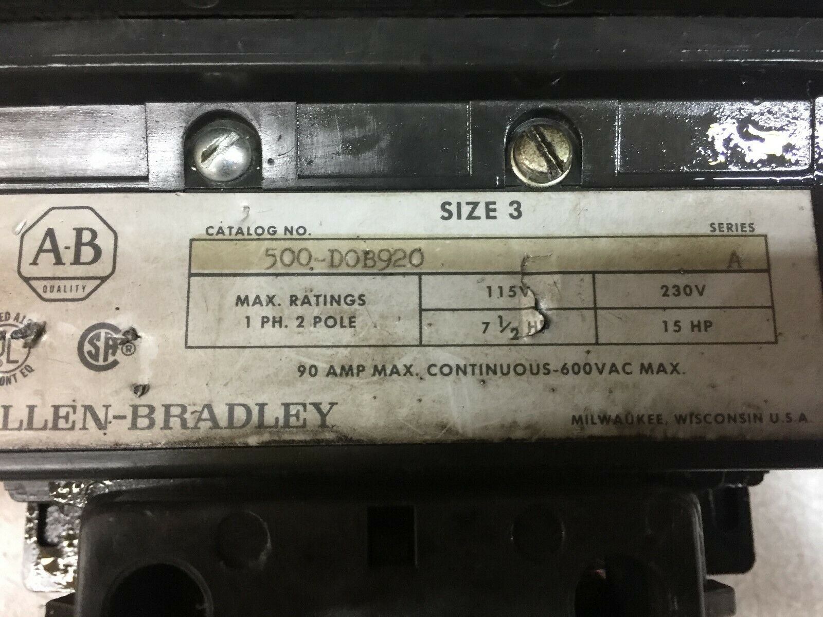 USED ALLEN BRADLEY SIZE 3 480 VAC 2 POLE 90 AMP 600 VAC CONTACTOR 500-DOB920
