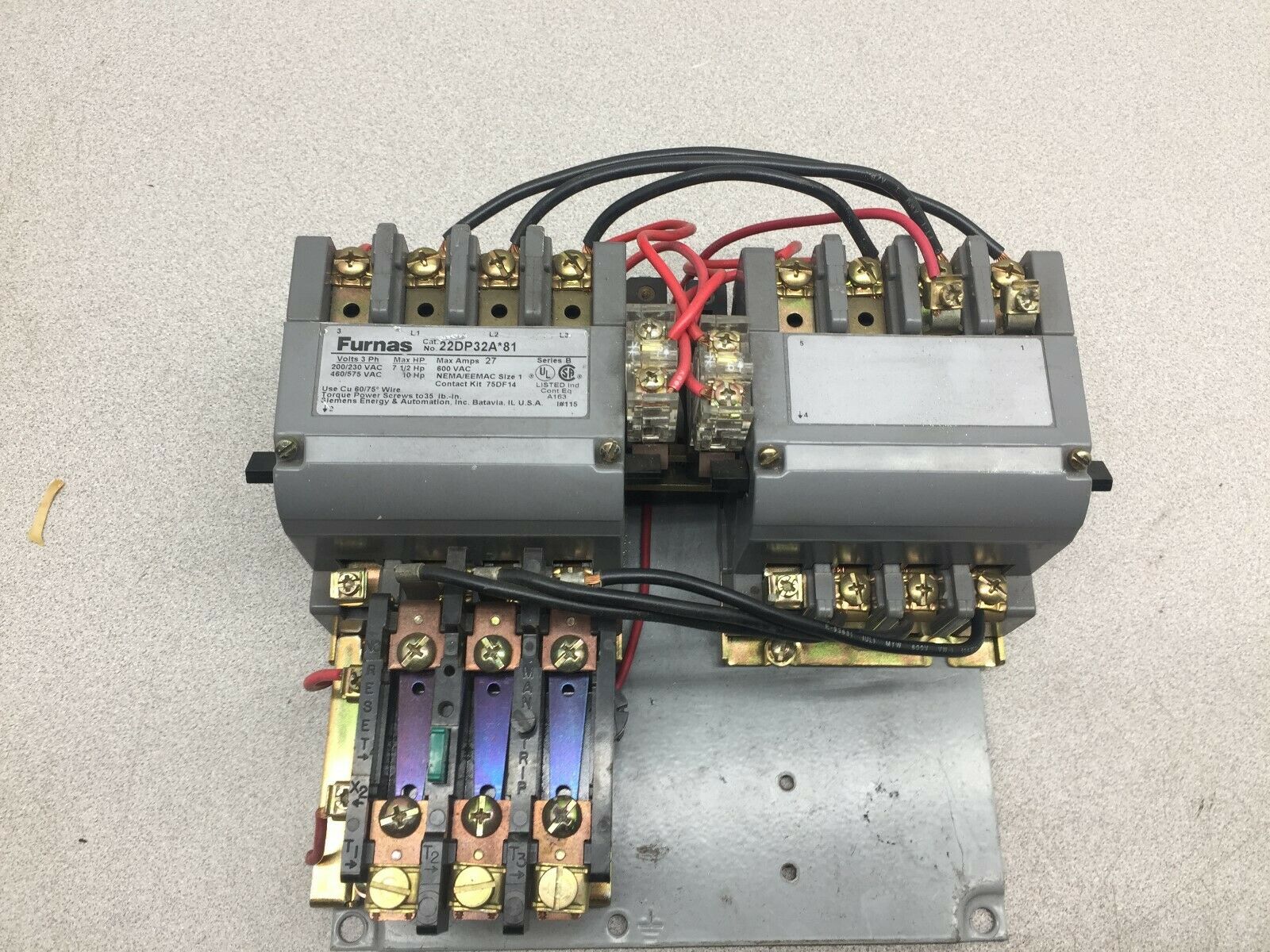 USED FURNAS SIZE 1 27 AMPS 120/240 VAC COIL 600VAC 3 POLE REVERSING STARTER 22DP