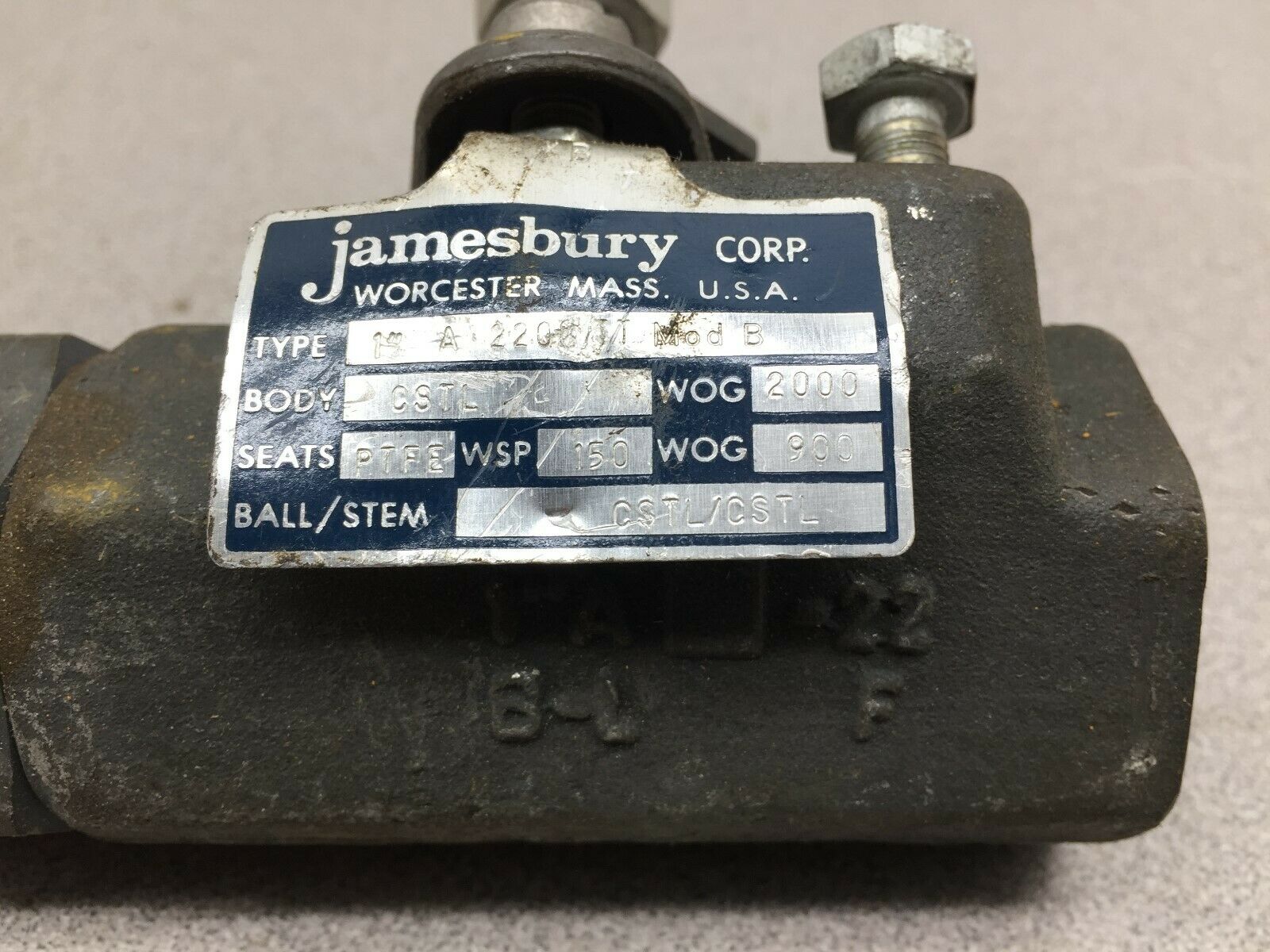 NEW NO BOX JAMESBURY 1" PTFE SEATS BALL VALVE A2200TT MOD B