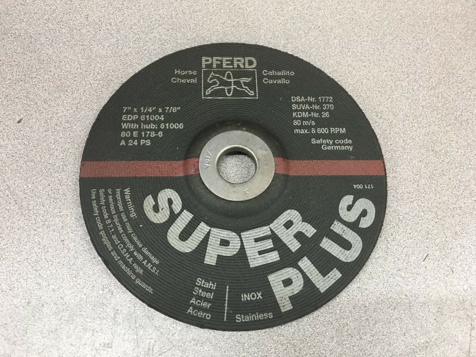 NEW NO BOX PFERD 7" X 1/4" X 7/8" GRINDING WHEEL 61006