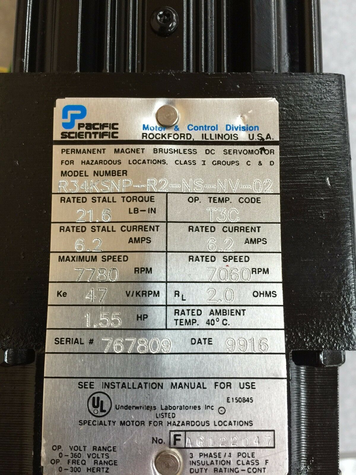 NEW PACIFIC SCIENTIFIC BRUSHLESS DC SERVOMOTOR R34KSNP-R2-NS-NV-02