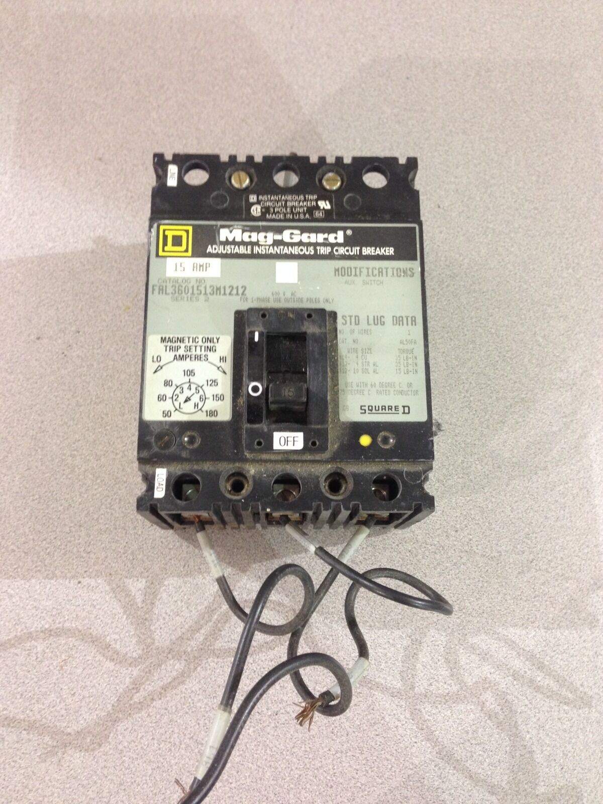 USED SQUARE D 15 AMP CIRCUIT BREAKER FAL3601513M1212 SERIES 2 (D6)
