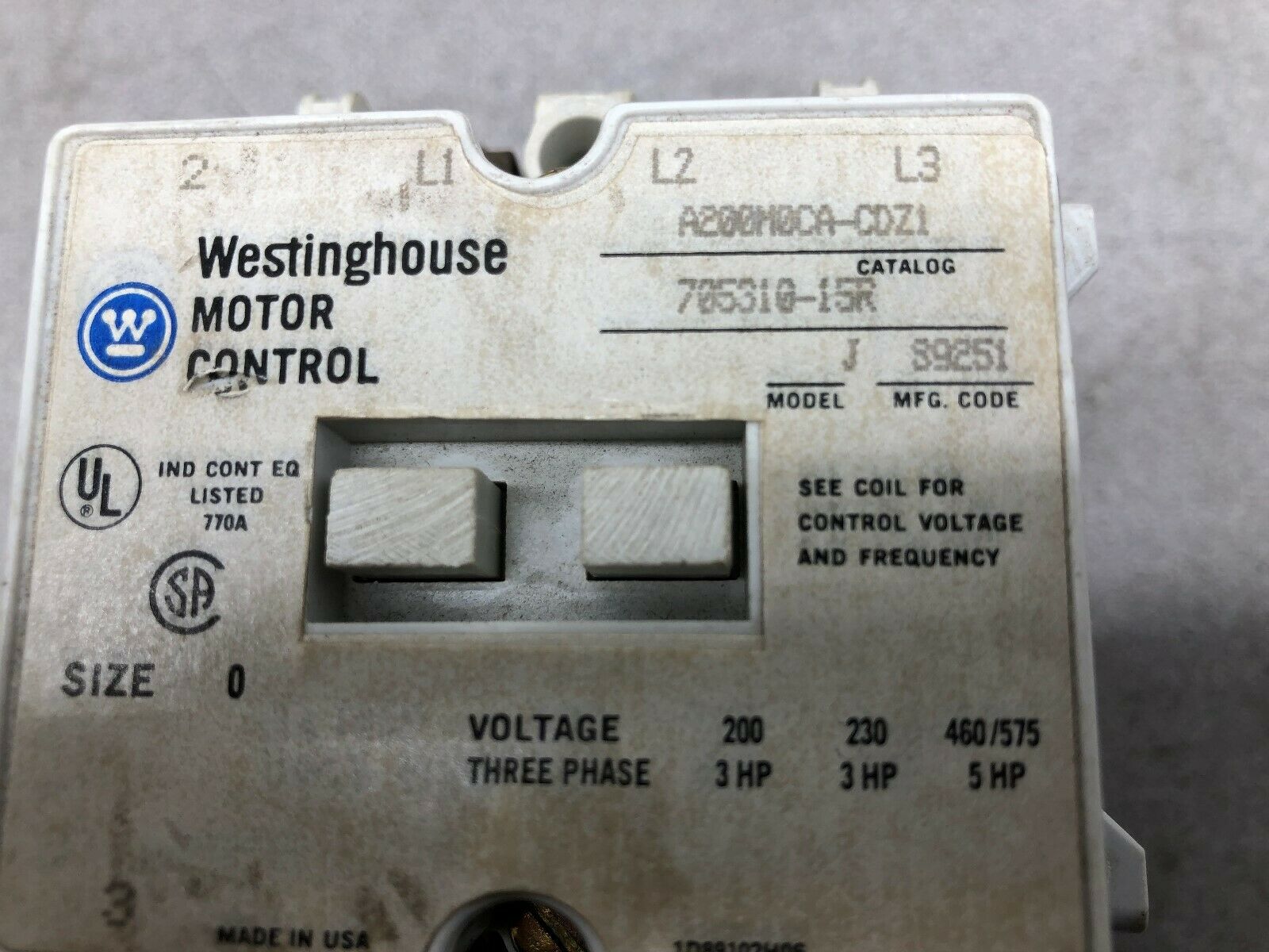 USED WESTINGHOUSE SIZE 1 3 POLE 600VAC 120 VAC COIL STARTER A200M0CA-CDZ1