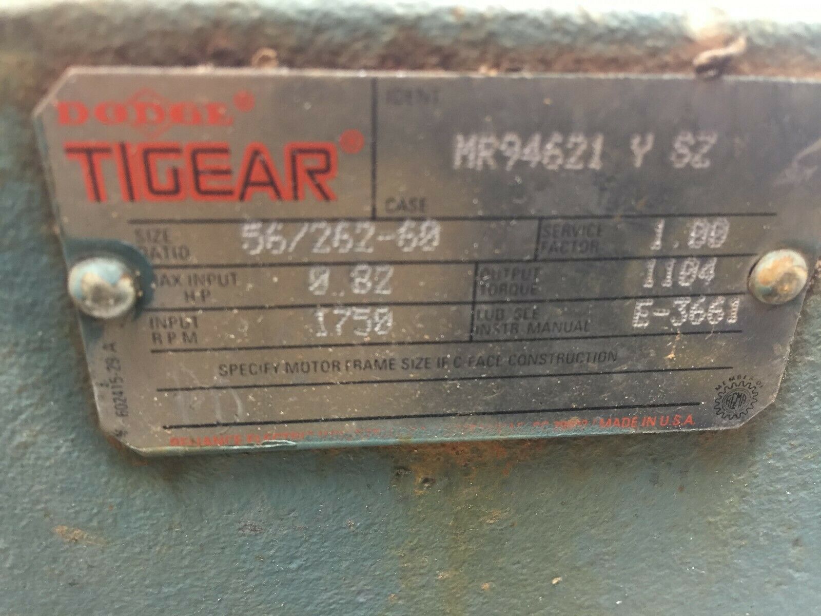 USED DODGE TIGEAR ANGLE REDUCER WITH RELIANCE 1/2HP MOTOR 56/262-60 / P56H1343