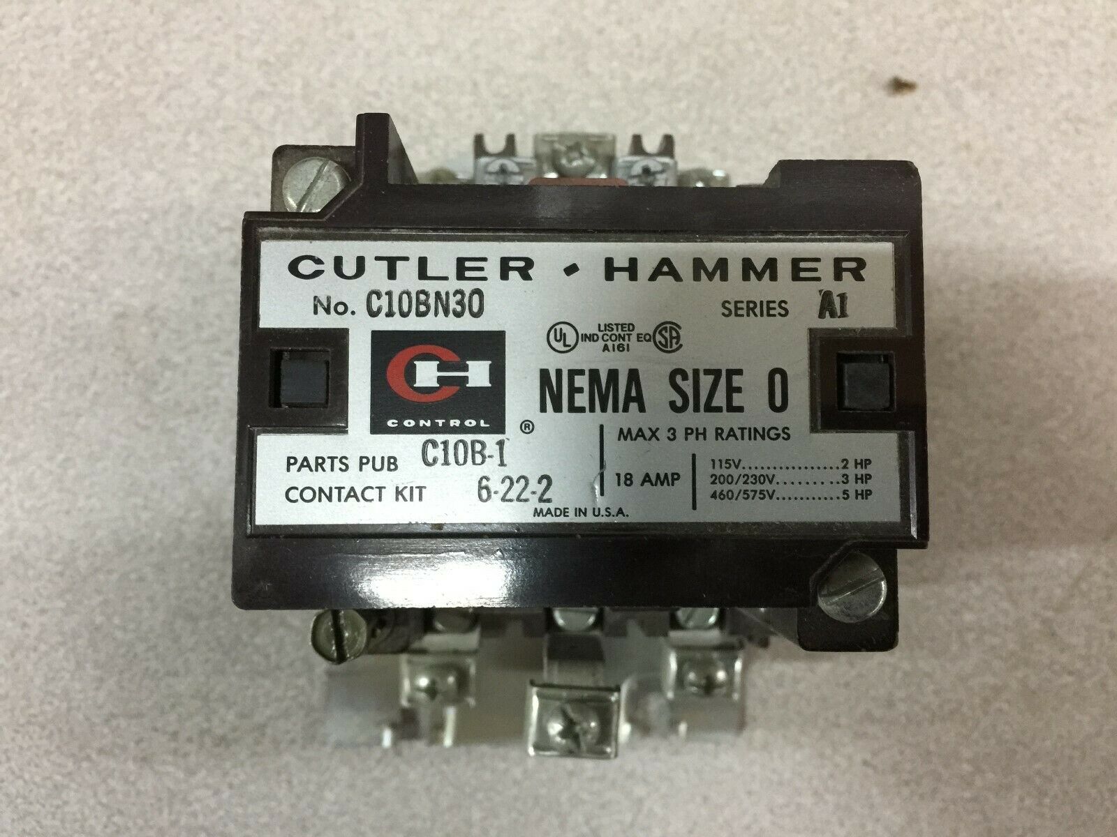NEW NO BOX CUTLER HAMMER 120VAC SIZE 0 3POLE 600VAC 18AMP CONTACTOR C10BN30