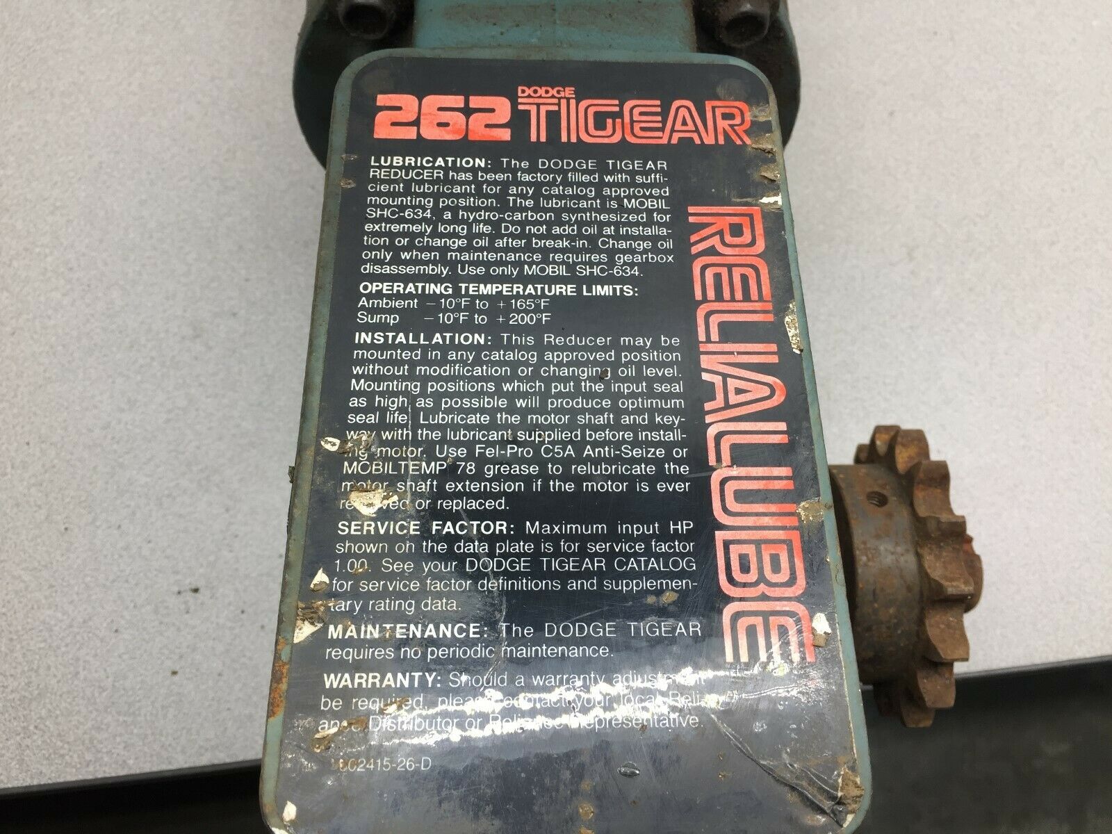 USED DODGE TIGEAR ANGLE REDUCER WITH RELIANCE 1/2HP MOTOR 56/262-60 / P56H1343