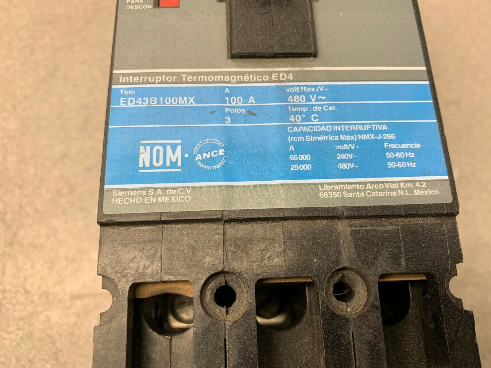 USED SIEMENS 100AMP CIRCUIT BREAKER ED43B100MX