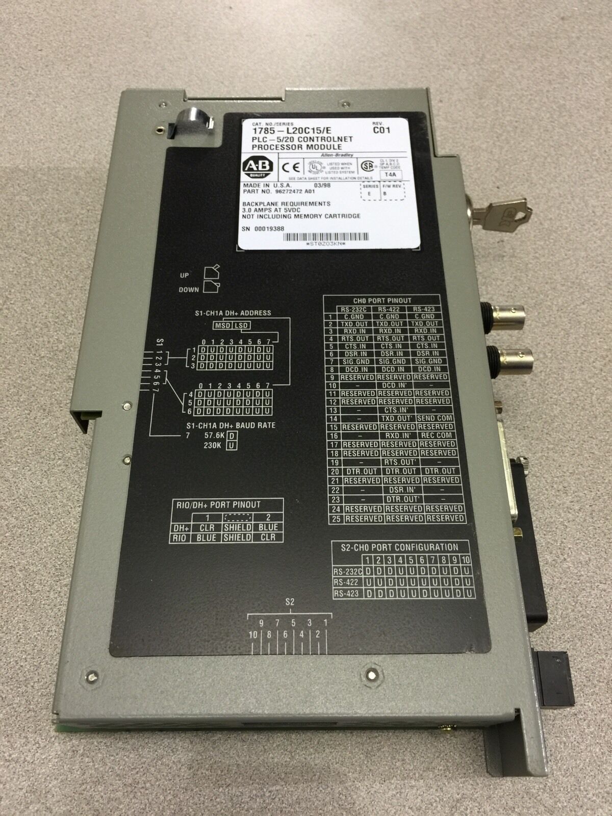 USED ALLEN-BRADLEY PLC-5/20 CONTROLNET PROCESSOR 1785-L20C15 SERIES E REV. B