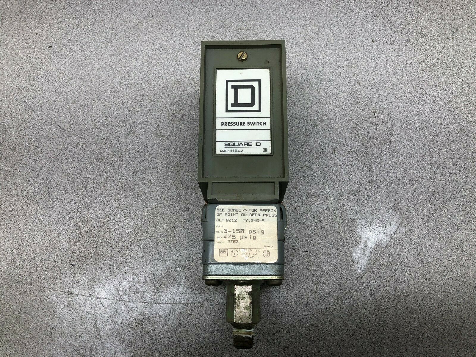 USED SQUARE D 3-150 PSIG RANGE SET AT 75 PSIG FACTORY 475 PSIG MAX PRESSURE SWIT