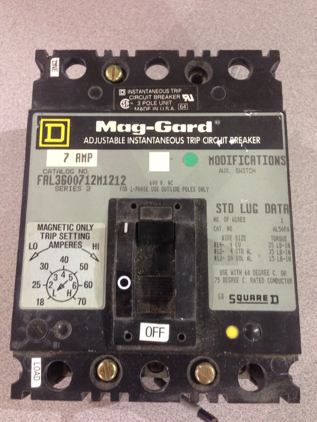 USED SQUARE D 7 AMP BREAKER FAL3600712M1212 SERIES 2 (D6)