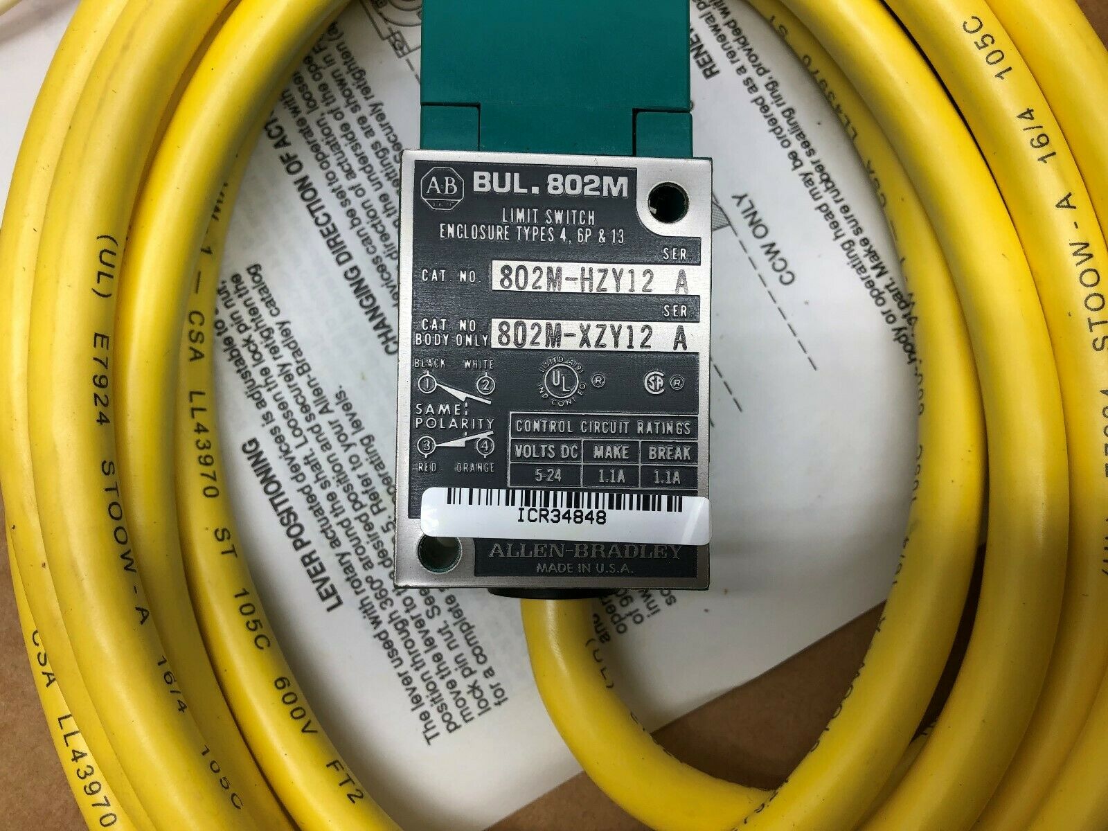 NEW NO BOX ALLEN BRADLEY CORDED LIMIT SWITCH 802M-HZY12 SER A